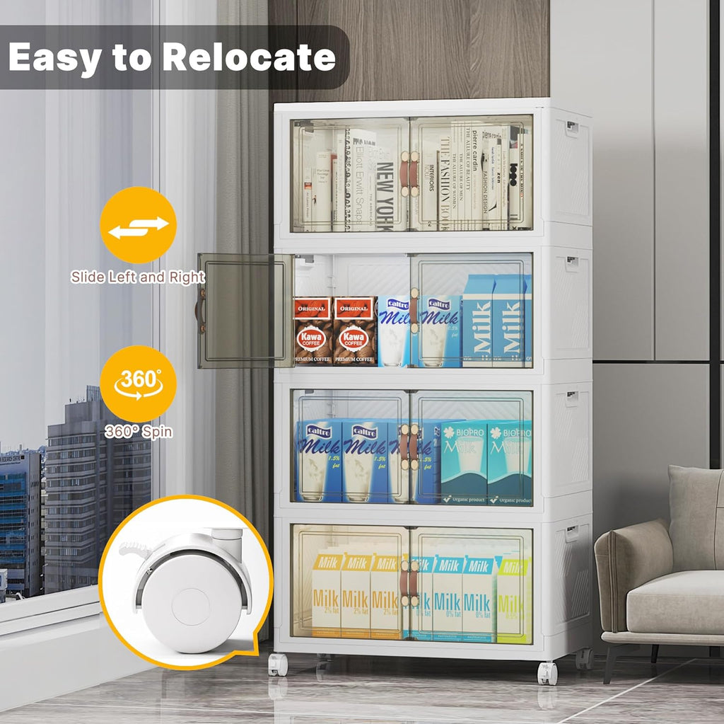 220Qt Stackable Storage Bins with Lids, 4 Pack Collapsible Storage Bins with Wheels, Plastic Cabinet with Doors, Foldable Closet Organizers for Home, Dorm, Office, White