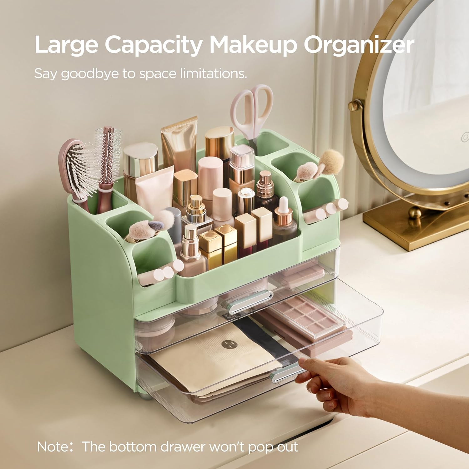 HBlife Makeup Organizer for Vanity with Brush Holder, Large Bathroom Countertop Cosmetic Organizer Skin Care Storage, Easy to Store Lipsticks, Nail Polishes, Perfumes, Eyeshadow Palettes, Green