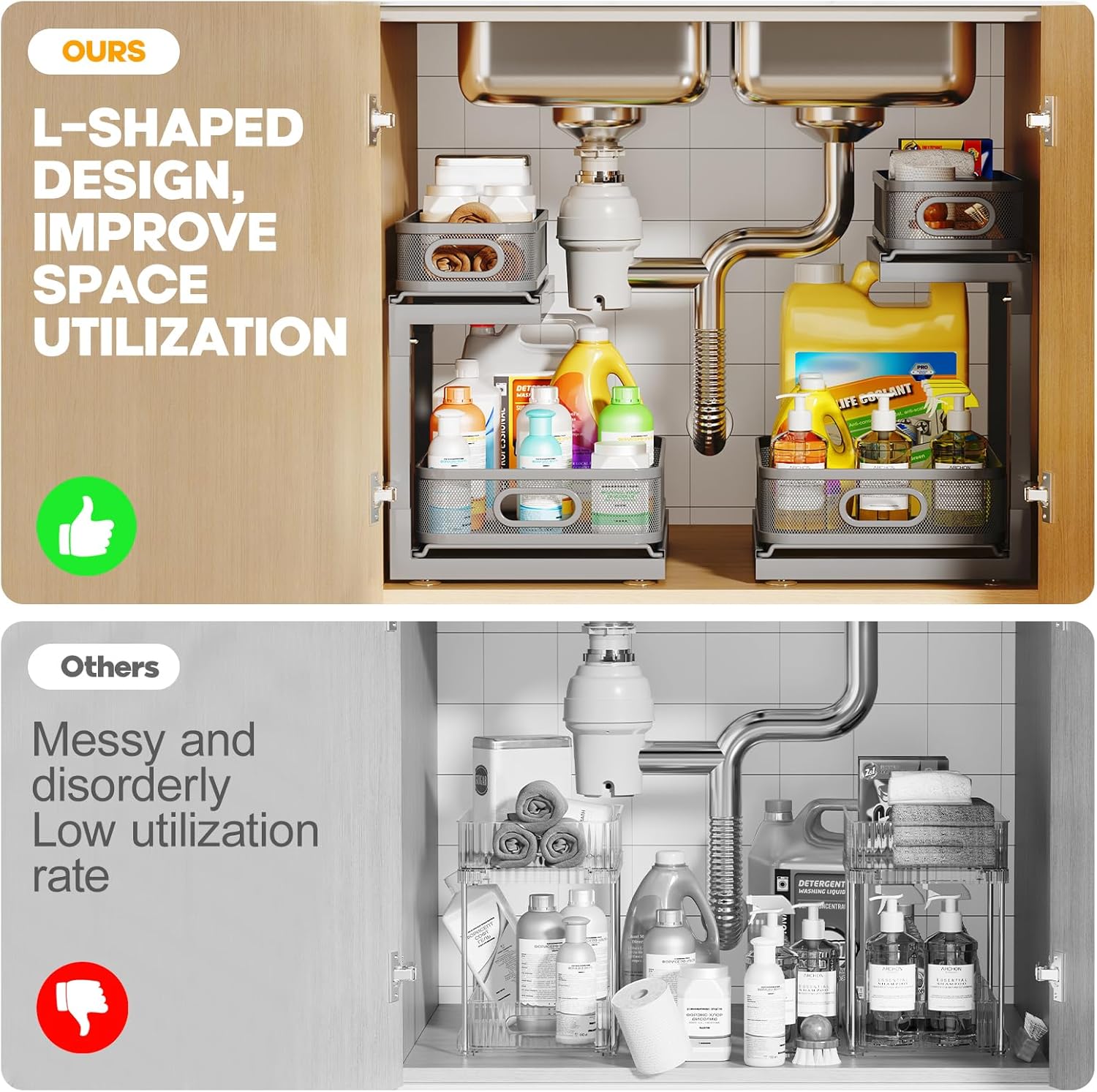 1-Pack Under Sink Storage Organizer with 2-Tier Slide Out Drawer, Sophisticated Mesh Pull Out Shelf for Kitchen & Bathroom, Fits Small Items, Upgraded Arched Track for Smooth Gliding-Gun Gray