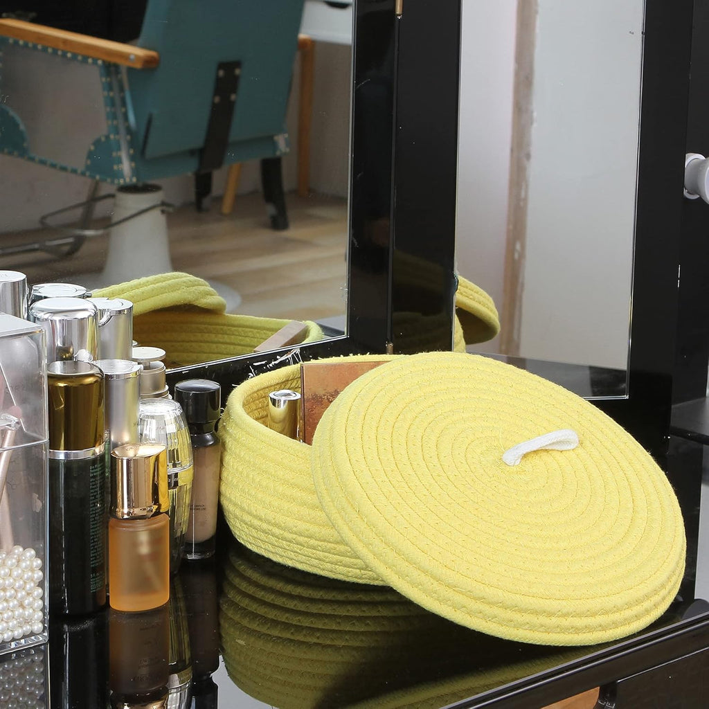 Sea Team Round Cotton Rope Storage Basket with Lid, Decorative Woven Storage Bin, Pot, Caddy, Organizer, Container for Snacks, Towels, Plants, 10 x 4.5 Inches (Small, Shallow, Yellow)