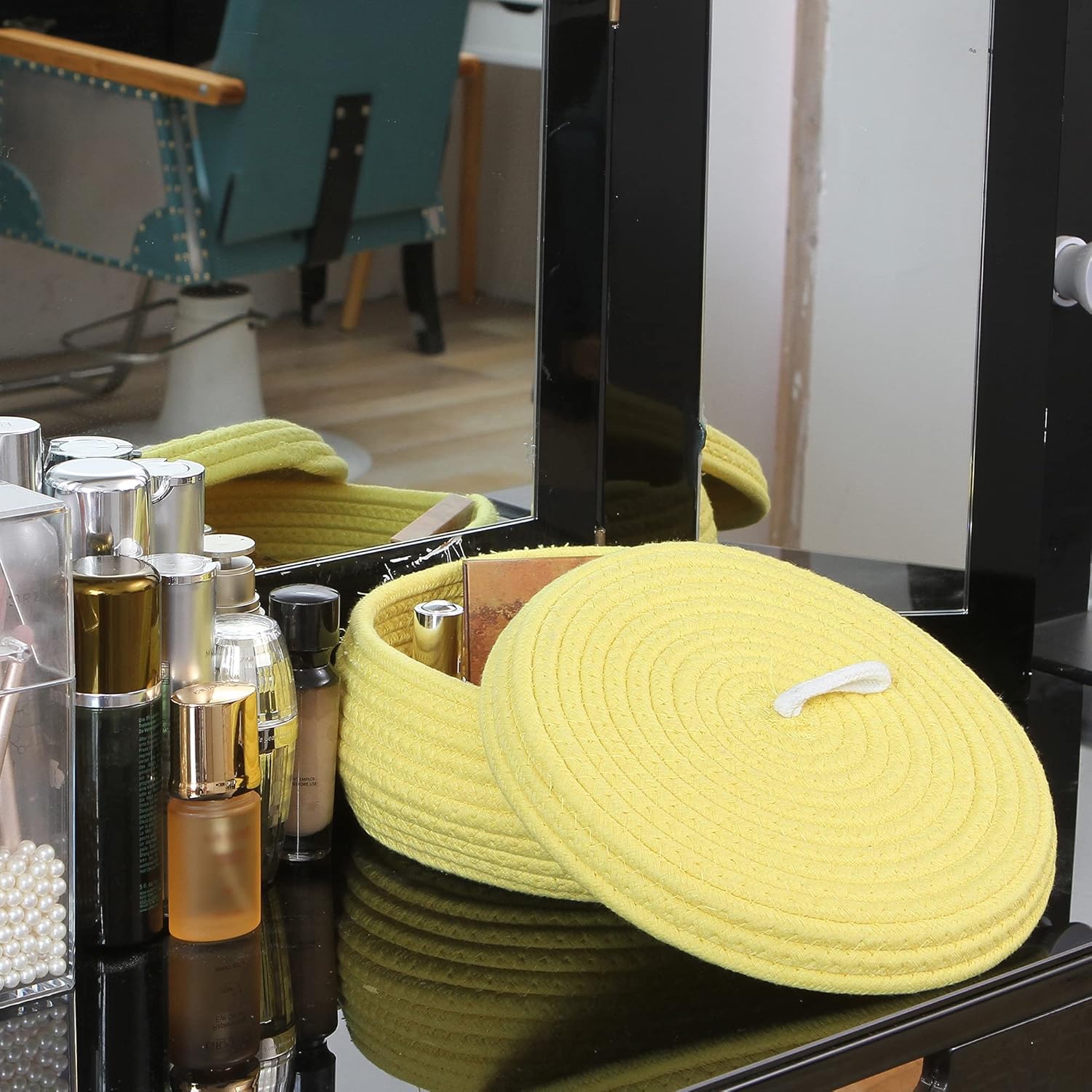 Sea Team Round Cotton Rope Storage Basket with Lid, Decorative Woven Storage Bin, Pot, Caddy, Organizer, Container for Snacks, Towels, Plants, 10 x 4.5 Inches (Small, Shallow, Yellow)