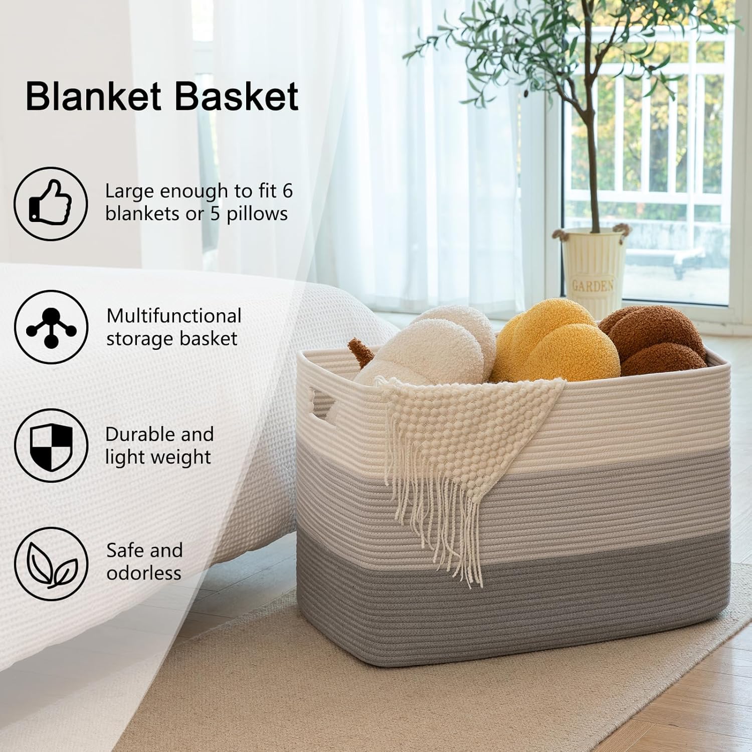 OIAHOMY 108L Large Cotton Rope Basket, Rectangle Woven Baskets for Storage, Nursery Blanket Storage Living Room, Toy Basket With Handle-25”x16”x16”-Gradient Grey