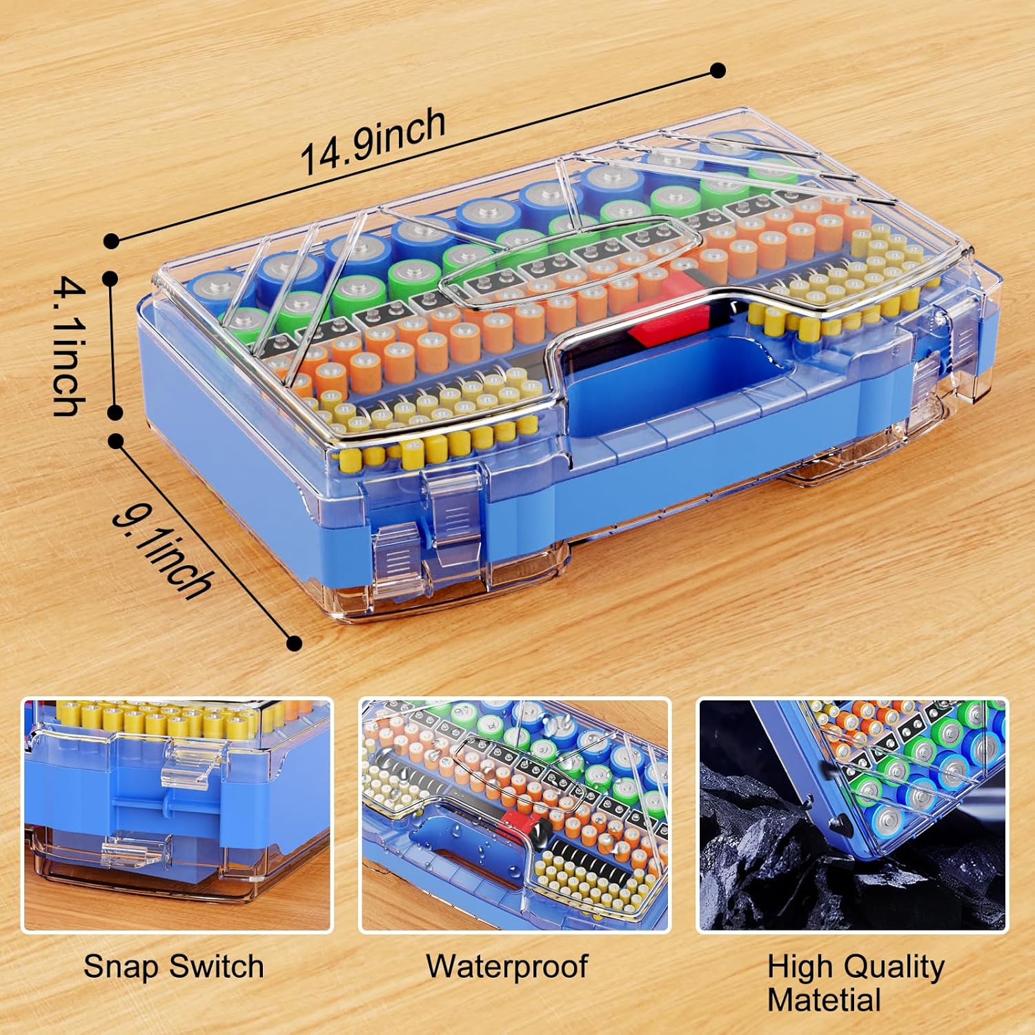 Battery Organizer Storage Holder Box Case with Tester, Stores & Protects Up to 285+ Batteries, Double-Sided and Durable Design,Holds AA AAA 4A C D Cell 9V 3V Lithium LR44 CR2 CR123 (Blue)