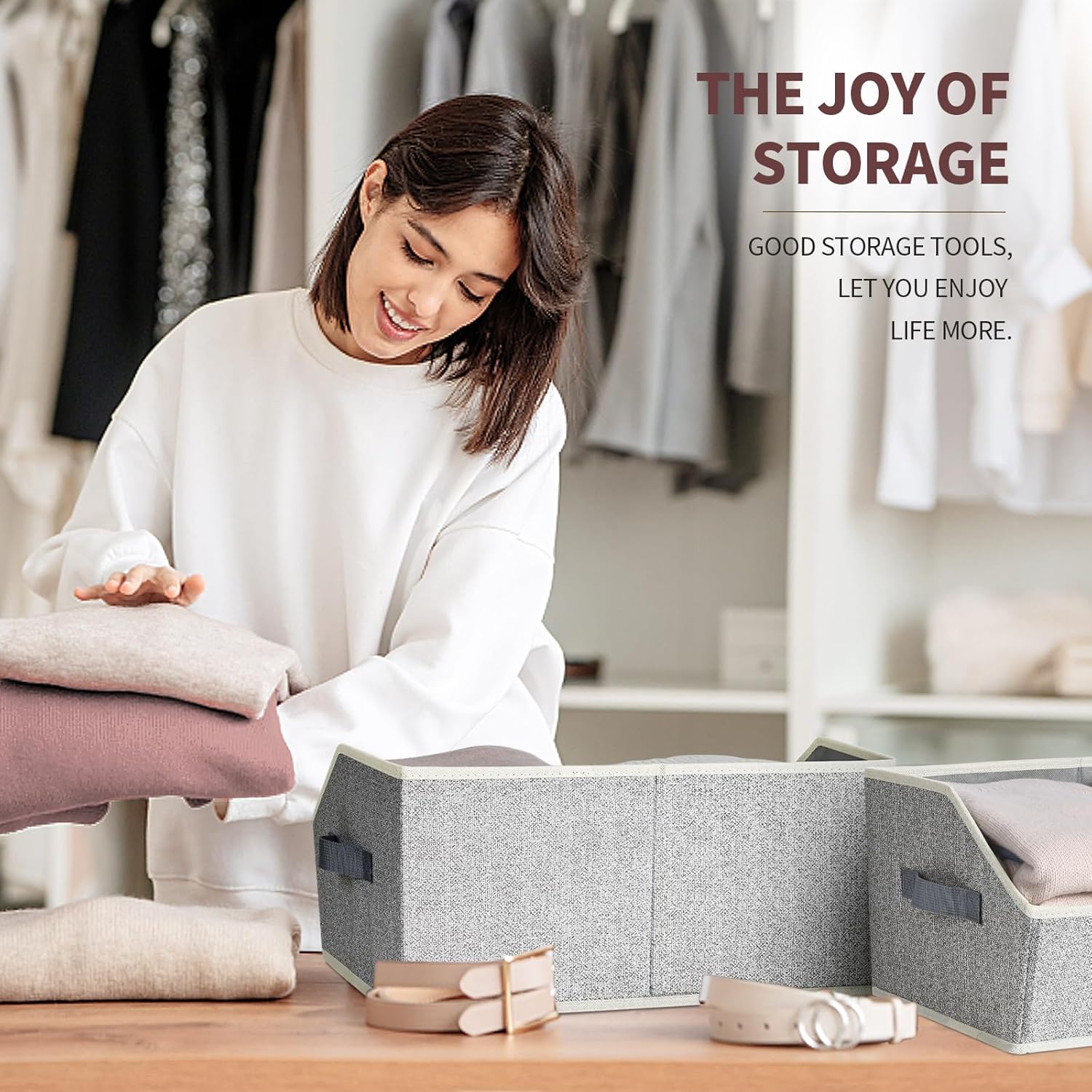 Trapezoid Closet Shelf Organizer - Large Baskets for Organizing, Storage Baskets for Shelves, Cubbies Storage Bins for Clothes, Books, Blankets, 4 Pack, Light Gray