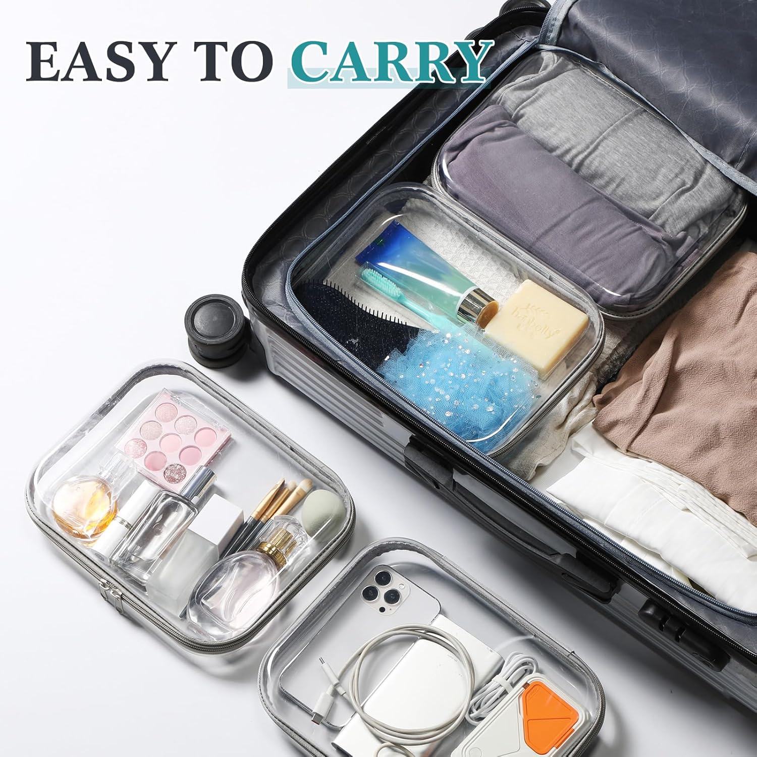 Sanwuta 6 Pcs Clear Hard Zipper Case Hard Plastic Zipper Pouches Transparent Makeup Bag Pencil Pouches for Travel Snacks Christmas Trinket Storage Organizer Box(Gray,9.84 x 7.87 x 2 Inch)