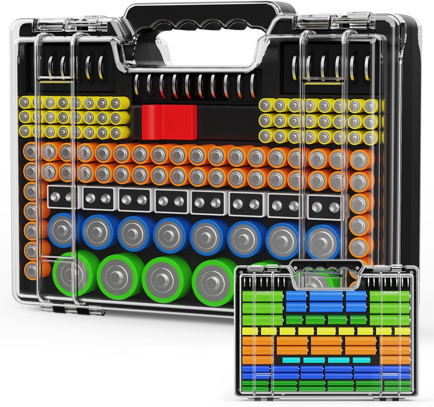 Battery Organizer Storage Holder Box Case with Tester, Stores & Protects Up to 260 Batteries, Double-Clear Locking Lid, Holds AA AAA C D and More (Black)