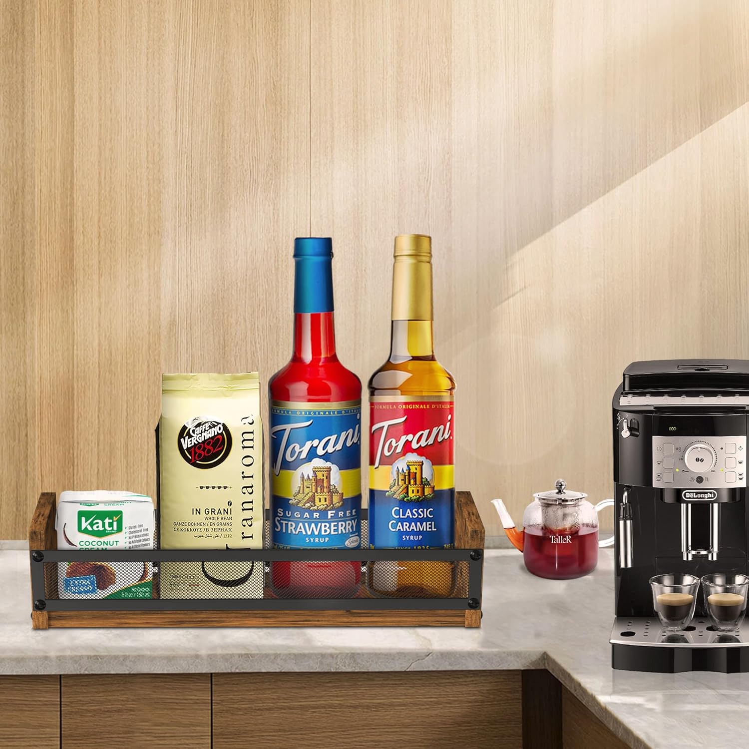 Alyoen Liquor Bottle Display Shelf, Coffee Syrup Rack Organizer, Countertop Liquor Wine Rack, 4 Bottles Coffee Station Organizer with Fences & Handles, Home Retro Bar Shelf Stand for Liquor Whiskey