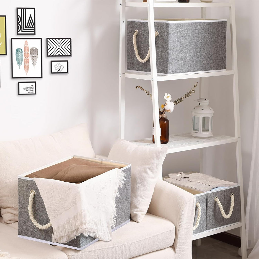 Yawinhe Foldable Storage Basket 3-Pack, Large Fabric Bins with Rope Handle, Used for Organizing Shelves, Closets, Clothes, 12.99''Lx9.05''Wx7.87''H, Grey