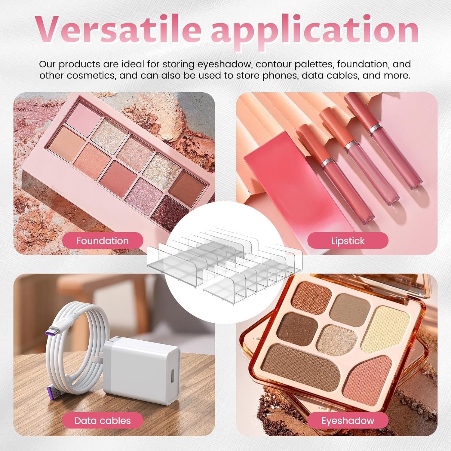 Diakey 4 Pack Eyeshadow Palette Makeup Organizer, 7-Section Acrylic Cosmetic Holder for Vanity, Drawer, Bathroom, Mail Sorter Business Card Holder Bill Money Divider, Clear