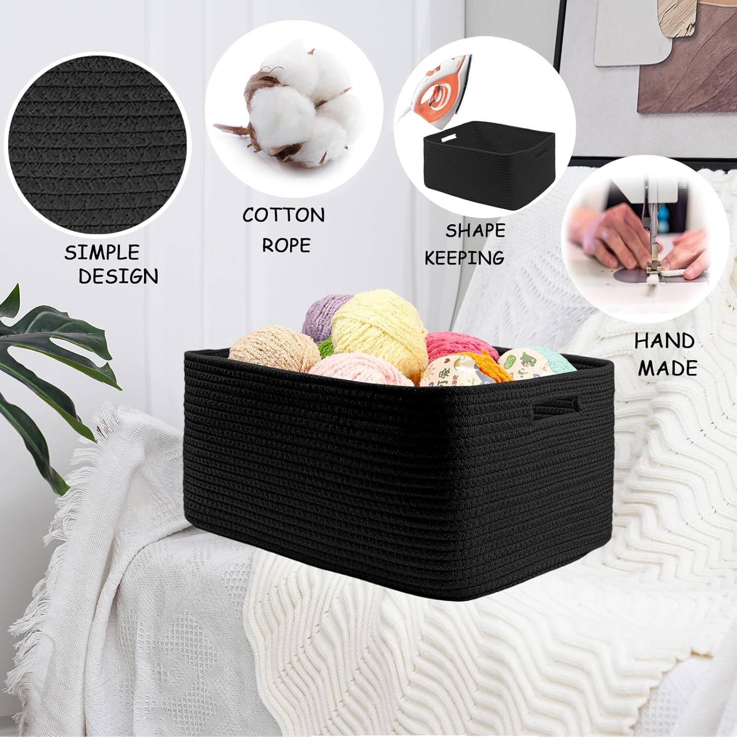 COMFY-HOMI Cotton Rope Woven Basket with Handles for Shelves,Toys,Book, Cloth Storage Baskets Bin for Organizing- 1 PCSToy Decorative Organizer for Living Room, Bathroom 17" x 13" x 7.5" - All Black