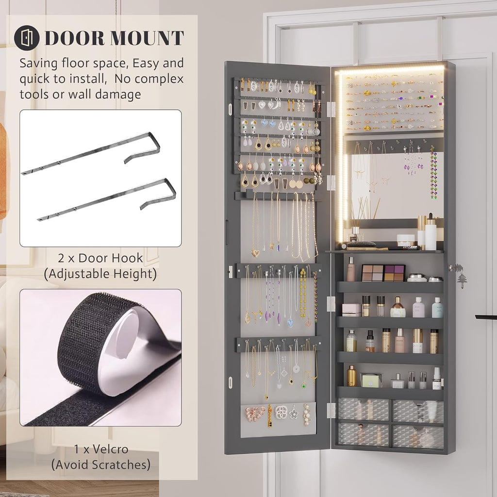 Vlsrka 47.2" LED Grey Jewelry Mirror Cabinet, Wall/Door Mounted Jewelry Armoire Organizer with Full-Length Mirror, Large Capacity Storage Hanging Cabinet, 4 Drawers, 5 Shelves, Built-in Lighted Mirror