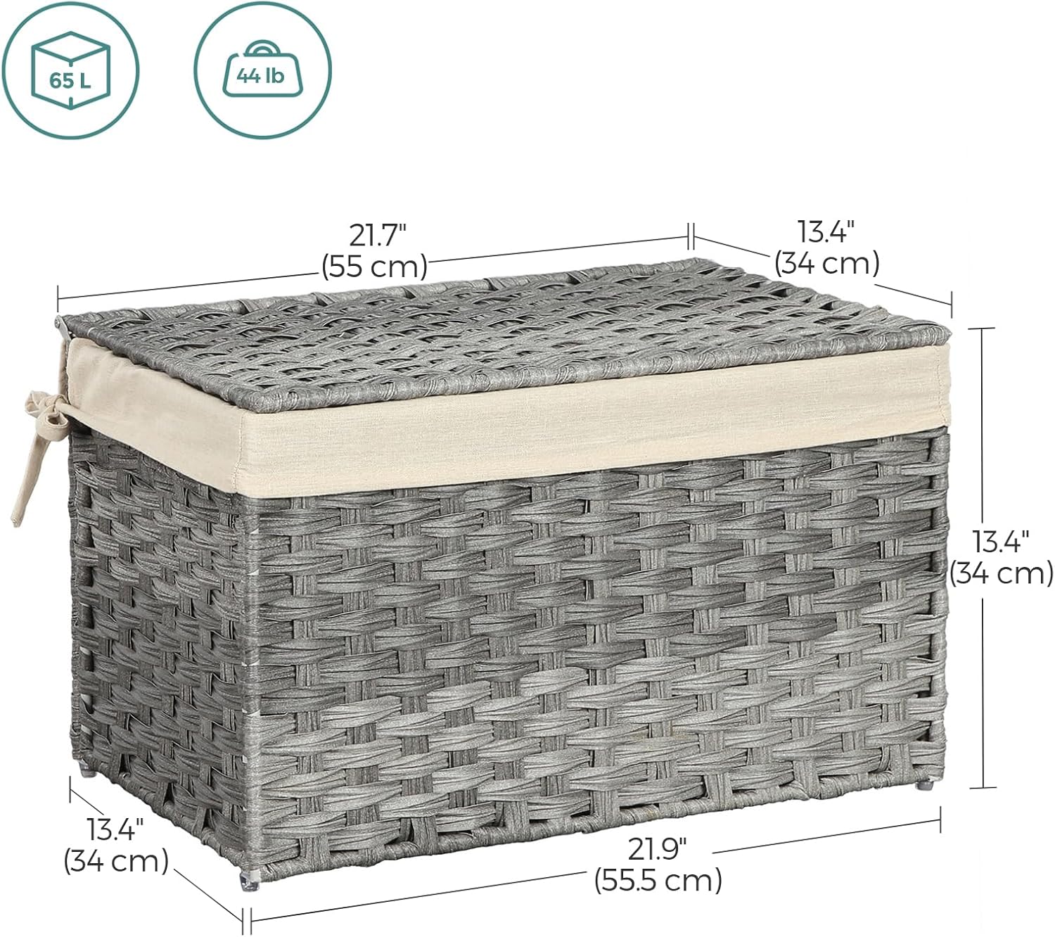 SONGMICS Storage Basket with Lid, Woven Blanket Storage Bin with Handles, Foldable, Removable Liner, Metal Frame, for Bedroom, Laundry Room, 17.2 Gallons (65 L), Gray URST56WG