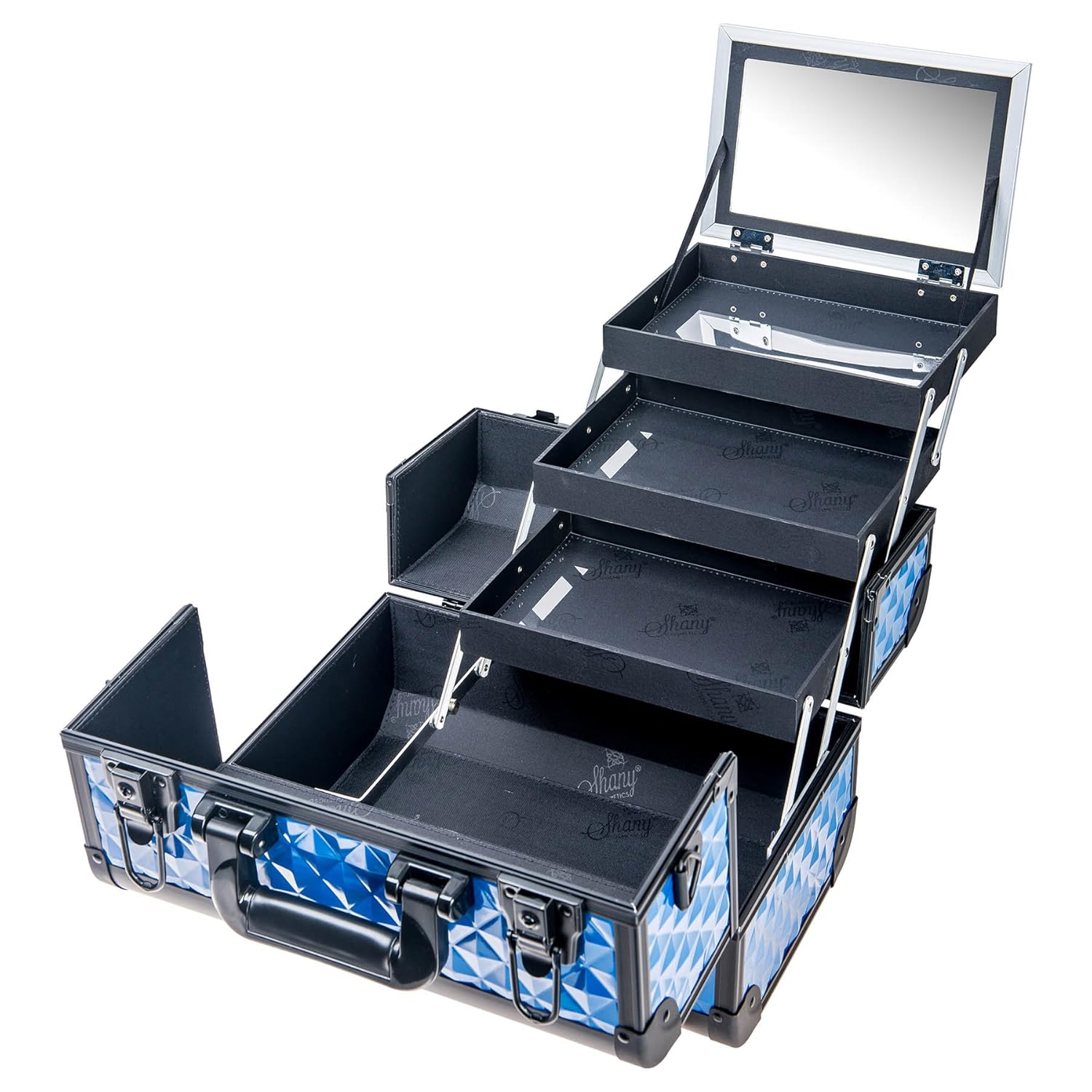 SHANY Premier Fantasy Professional Makeup Train Case Cosmetic Box Portable Makeup Case Organizer Jewelry storage with Locks, 3 Trays,Makeup Brush Holder and Cosmetics Mirror - Divine Blue