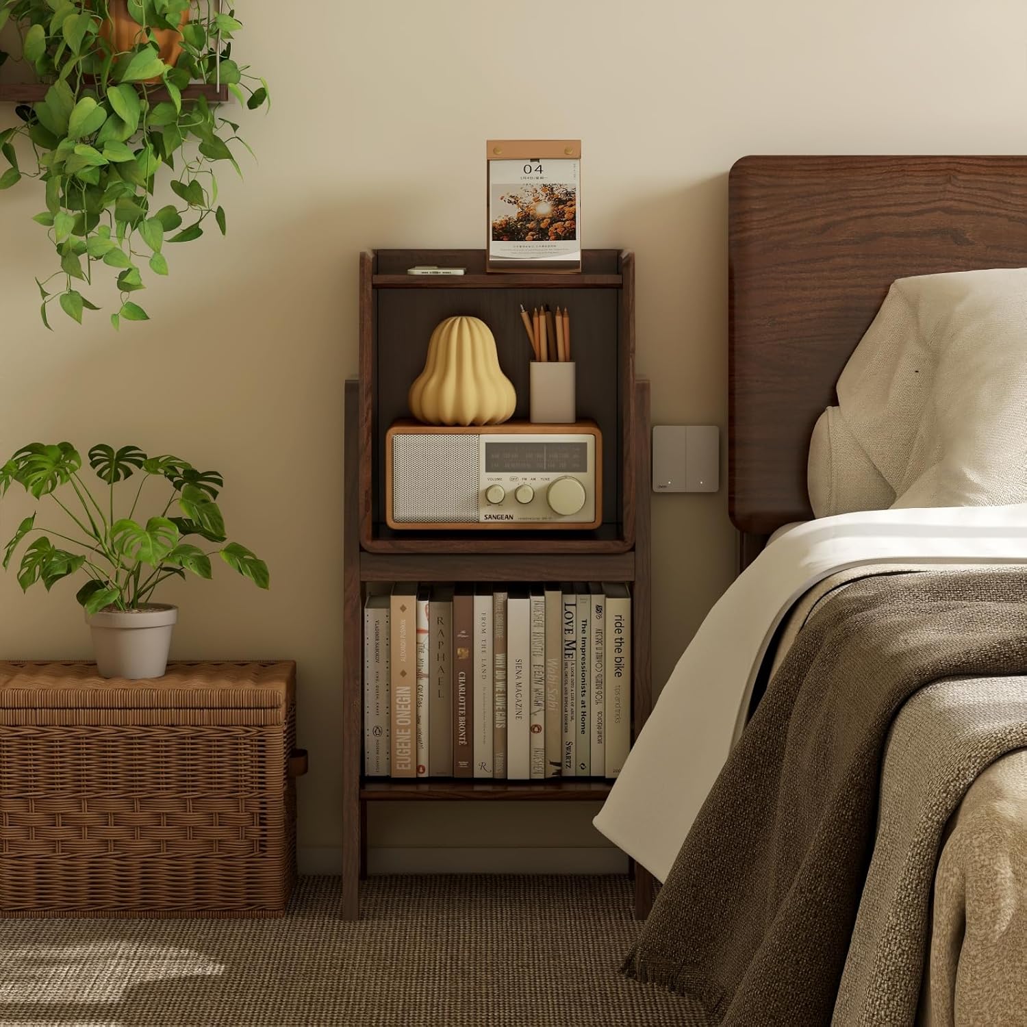 100% Solid Oak Ladder Shelf with Cabinet, 32.67" Tall Nightstand with Stable Frame for Bedroom, Small Bookcase for Living Room Nursery(Walnut, Fully Assembly Furniture)