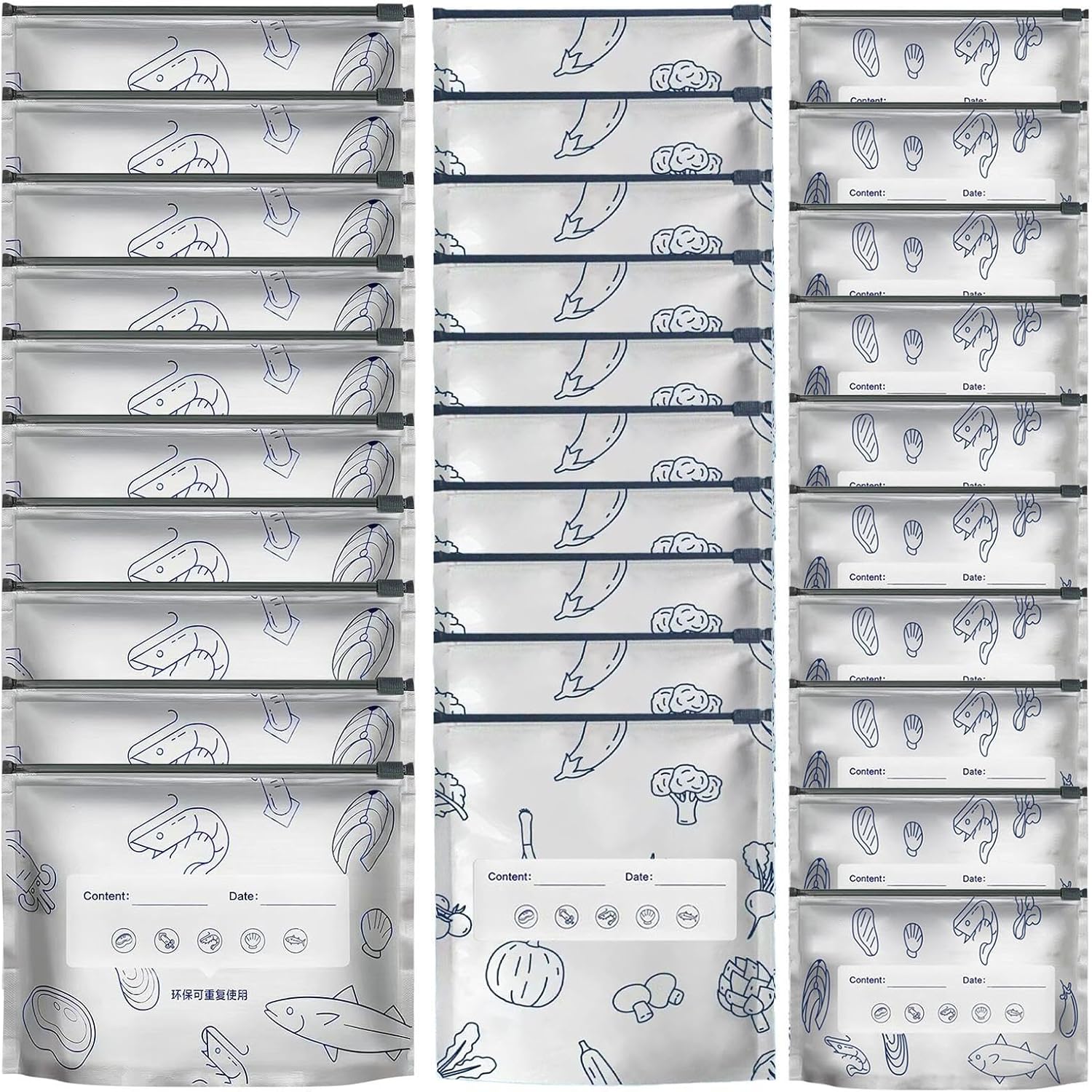 Foil Bags for Food - Stand Up Zip Lock Storage, Aluminum Freezer Pouches with Freshness Keeping Feature, Reusable Kitchen Organizer with Meal Prep Details, Packaging Bags for Vegetables Fruits Seafood