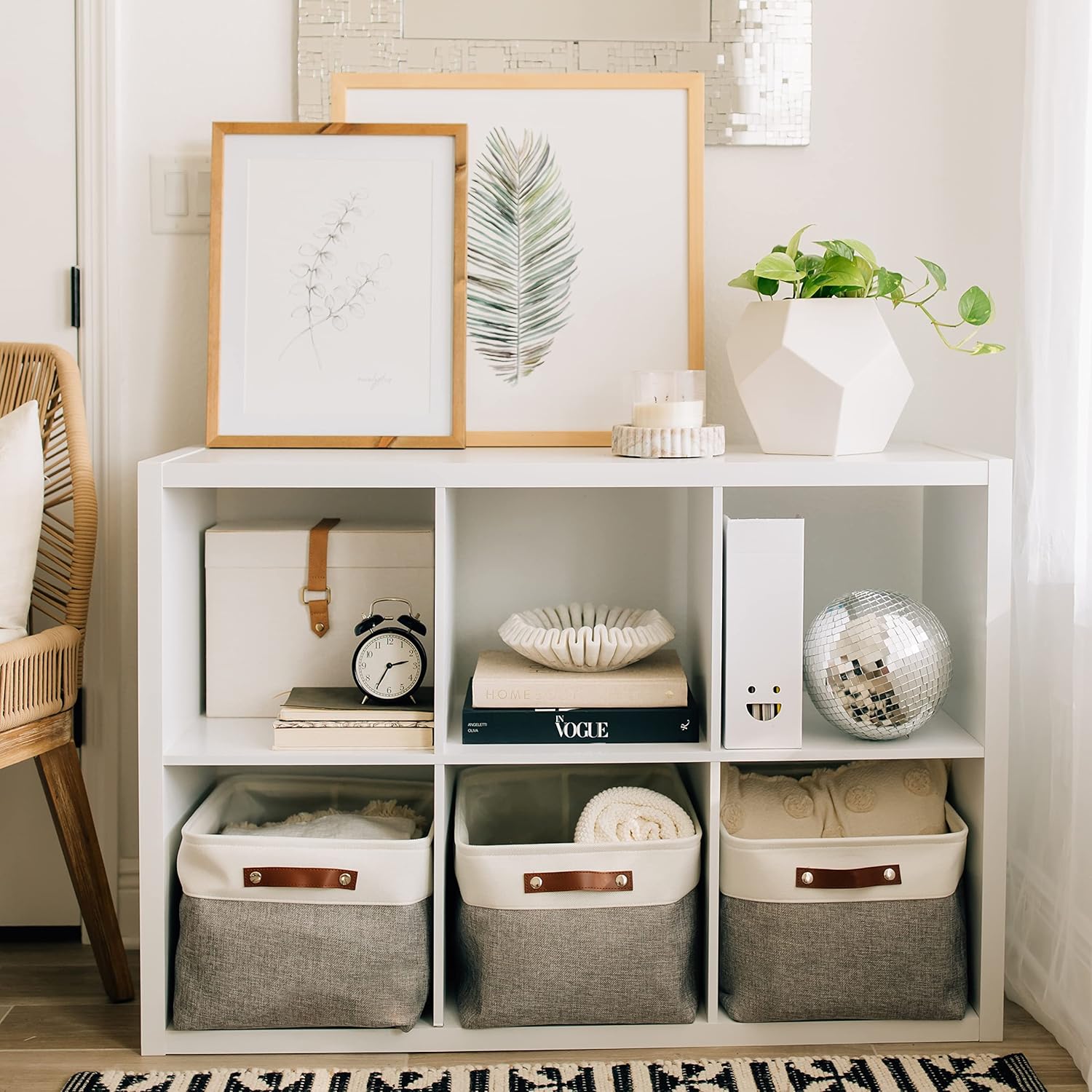 OrganiHaus Extra Large Fabric Storage Baskets for Shelves 3 Pack, 16x13in Closet Storage Bins for Shelves, Canvas Baskets for Organizing, Linen Closet Organizers, Cloth Basket, Gray/Off-White