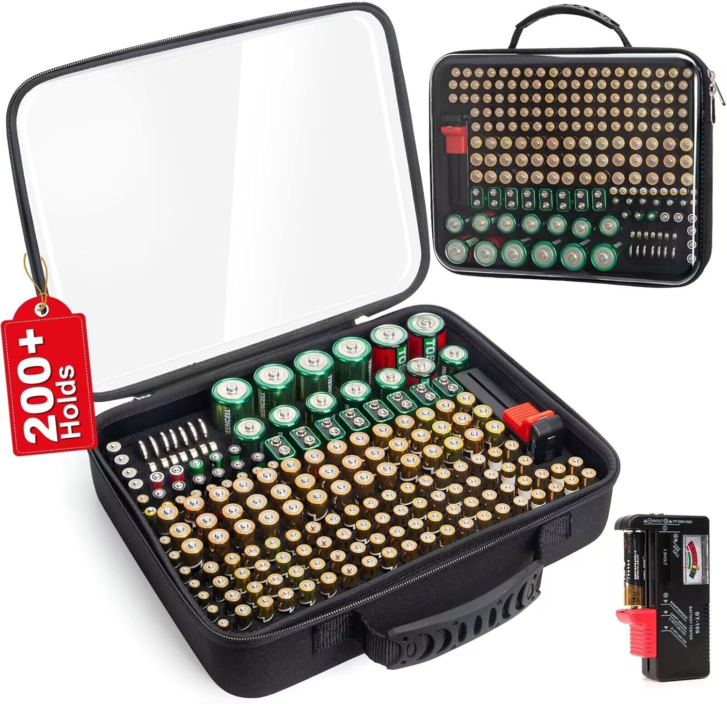 Glamgen Battery Organizer Storage Case with Tester,Stores & Protects Up to 200+ Batteries, Clear Cover with Easy Carry Handle, Garage Gadget Organization Holds AA AAA C D 9V