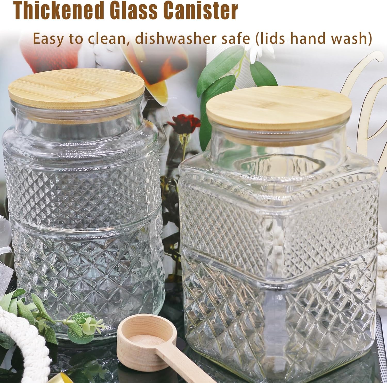 Viovian 60 OZ Vintage Glass Jar with Lid Wood Spoon Set of 2 Decorative Glass Storage Jars Airtight Lids Clear Canister Container for Food Candy Cookie Sugar Coffee Bean Tea Nuts Snack Dog Treat Vase