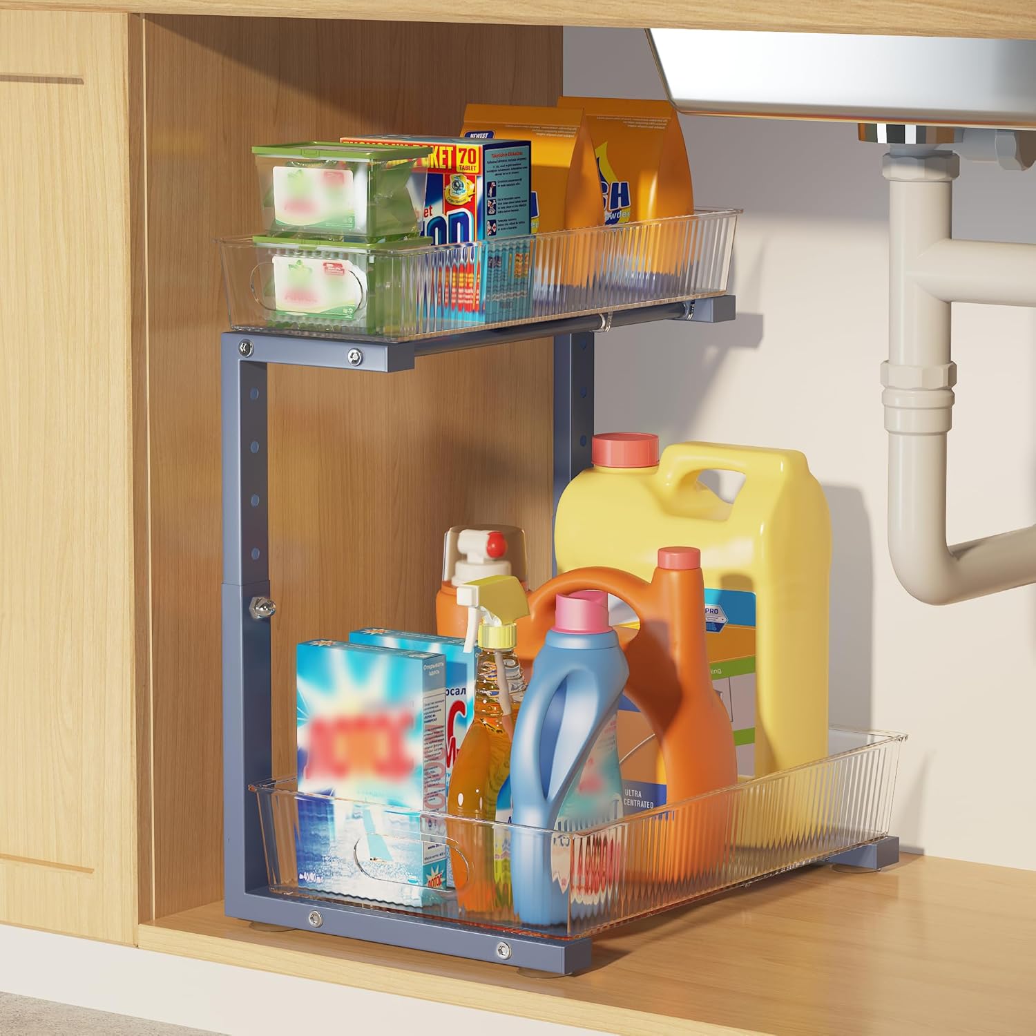 1 Pack 10.62"-15.5"H Under Sink Organizer, 2-Tier Pull Out Cabinet Organizer, Acrylic Under Sink Storage for Kitchen Bathroom Cabinet, L-Shaped Adjustable Height for Maximum Space Efficiency-Gray