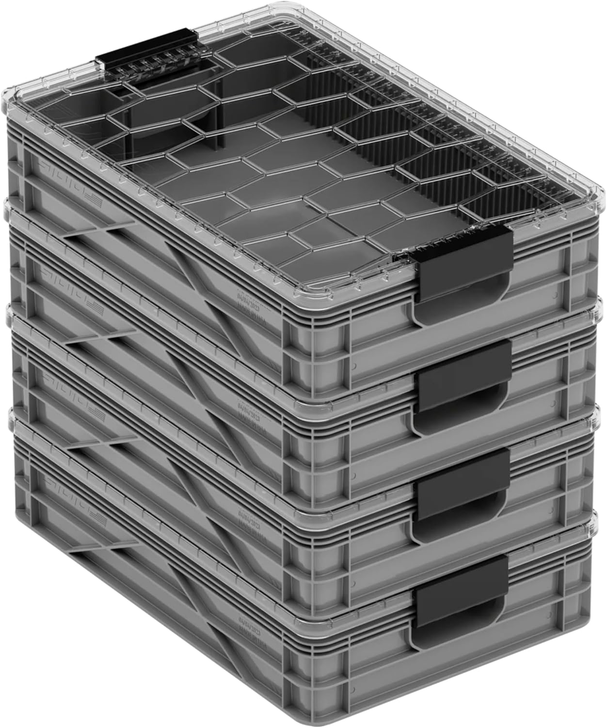 SIDIO Quarter Crate 4 Pack of Stackable Storage Bins - Organizer Bins with Dividers for Garage Organization, Home Storage - Heavy Duty Plastic Containers - 19.16” x 12.75”x 4.57” (Gray)
