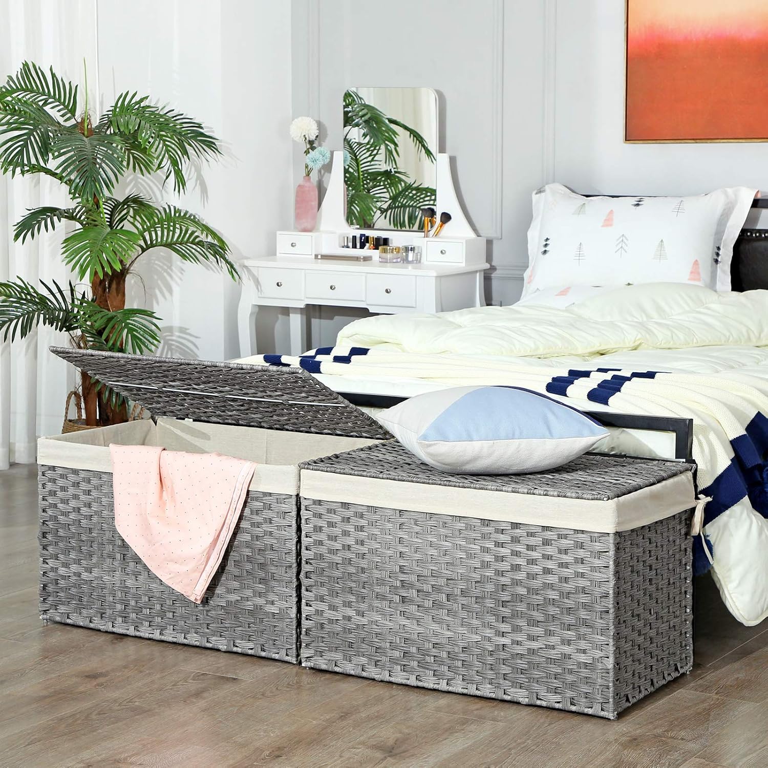 SONGMICS Storage Basket with Lid, Woven Blanket Storage Bin with Handles, Foldable, Removable Liner, Metal Frame, for Bedroom, Laundry Room, 42.3 Gallons (160 L), Gray URST76WG