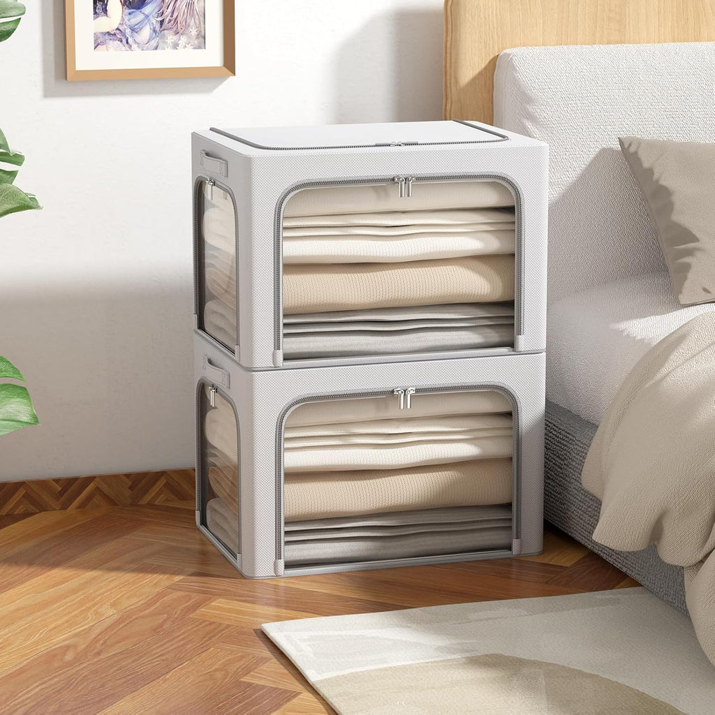 CYhom 3Pack Clothes Storage Bins - Oxford Frame Storage Box Foldable Stackable Storage Organizer with 3 Openings Design, Metal Frame, Clear Window, Carry Handles (36L-15.7 * 11.8 * 11.8in, Grey)