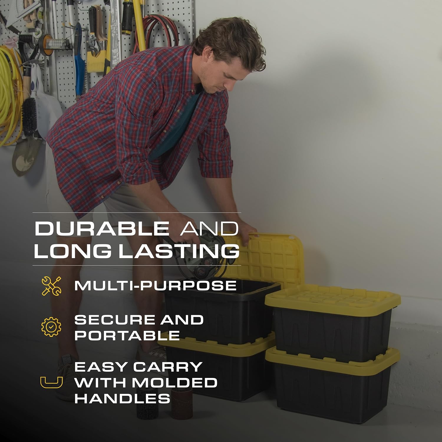 BLACK & YELLOW, 5-Gallon Heavy Duty Tough Storage Container & Snap-Tight Lid, (8.6"H x 12.3"W x 16.4"D), Weather-Resistant Design and Stackable Organization Tote [6 Pack]