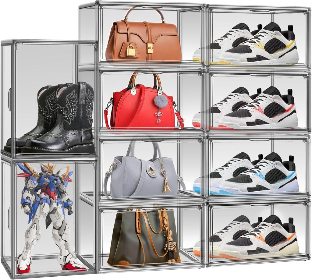 1 Pack Shoe Organizers Storage Boxes for Closet Size 12.5 Shoe Box Clear Stackable Storage Bins with Lids, Under Bed Shoe Containers for Entryway, Grey