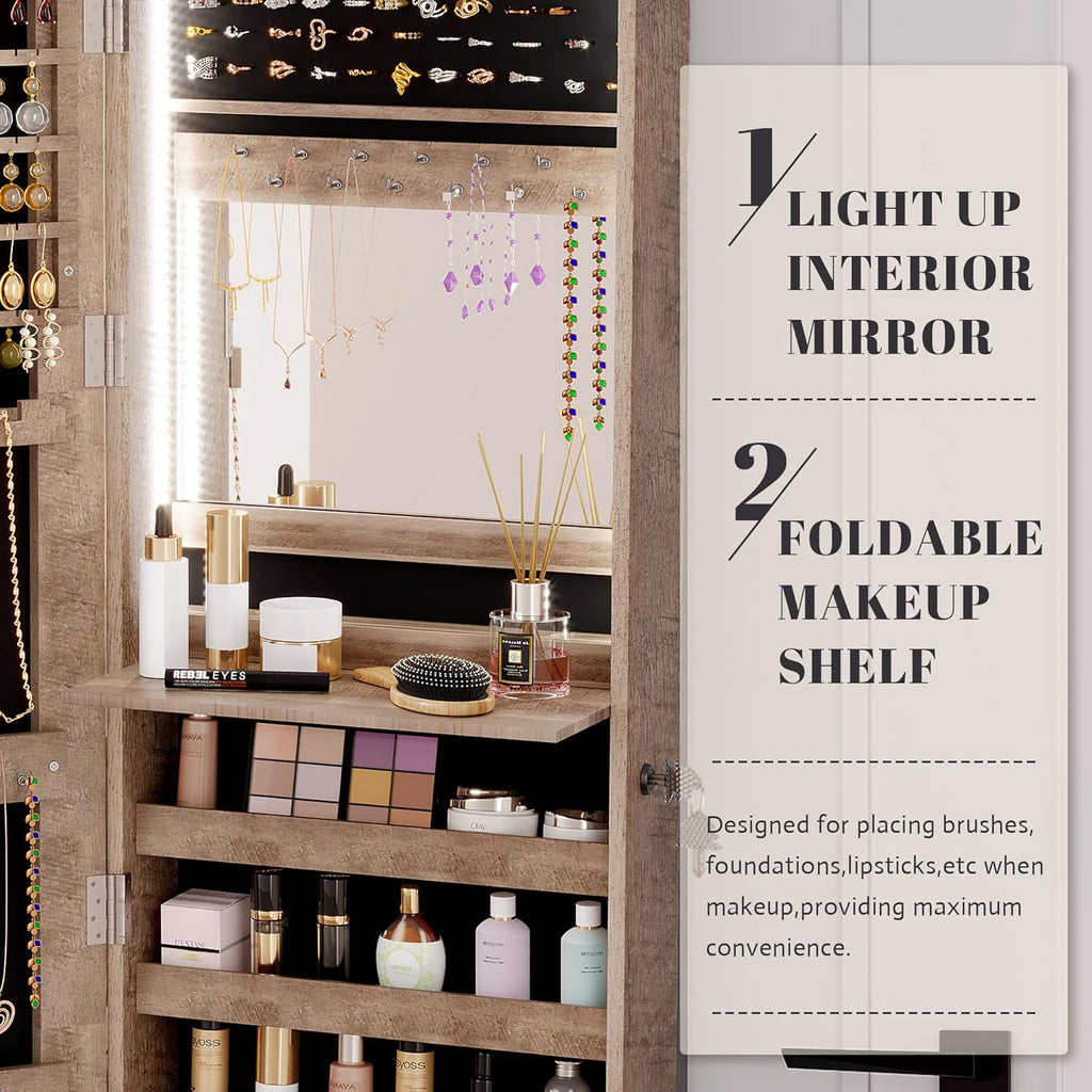 Vlsrka 47.2 Inch Full Length Mirror with Storage, Wall Mount Mirror Jewelry Cabinet, Over The Door Hanging Jewelry Armoire Organizer, Built-in Light, 4 Drawers, 5 Shelves, Lockable (Wood)