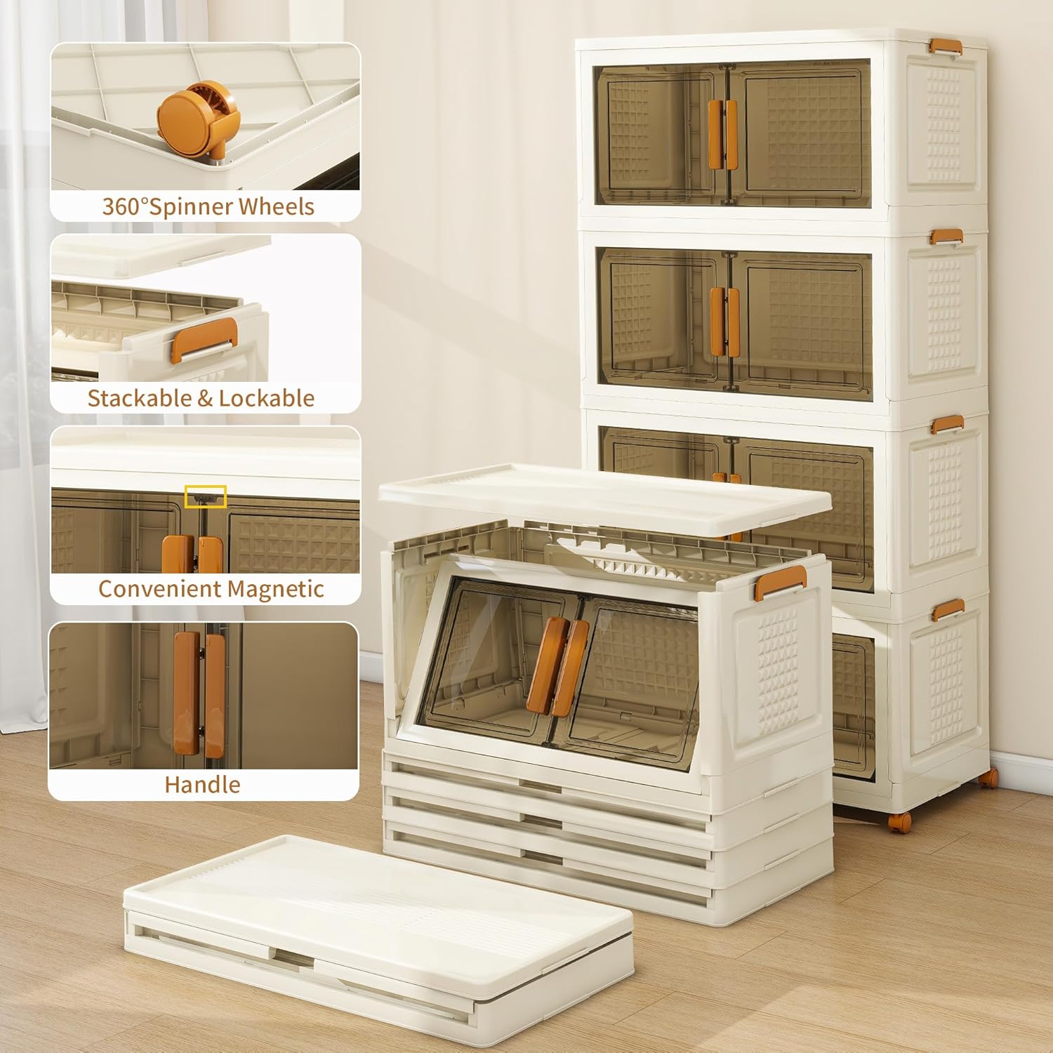 Plastic Stackable Storage Bins with Lids and Wheels, Foldable Closet Organizers and Storage Containers, Collapsible Clear Drawer Storage Cabinet with Doors Ivory White 608 QT