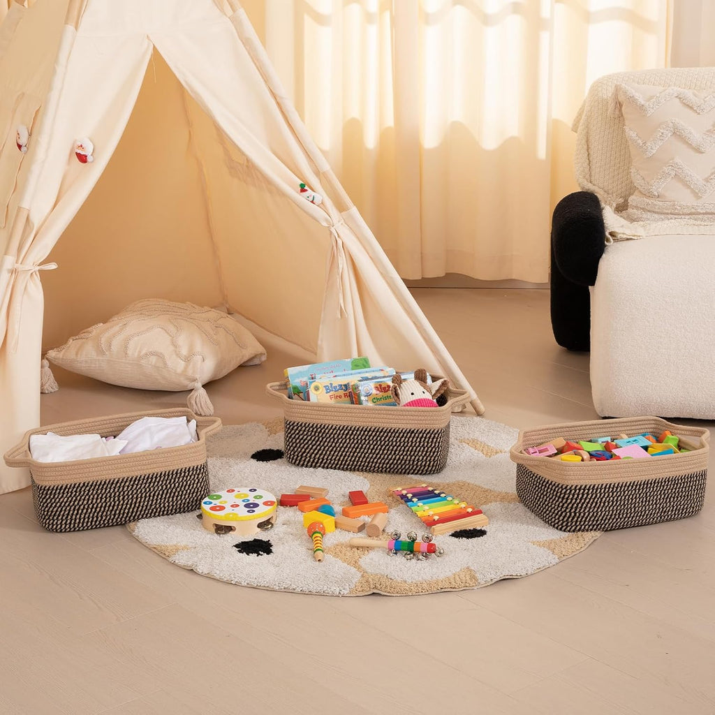 OIAHOMY 3 Pack Storage Baskets for Organizing, Woven Cotton Rope Basket for Shelves, Closet Organizer Bins with Handles, Rectangle Toy Organization, 13.78''×9.84''×5.5'', Brown & Black