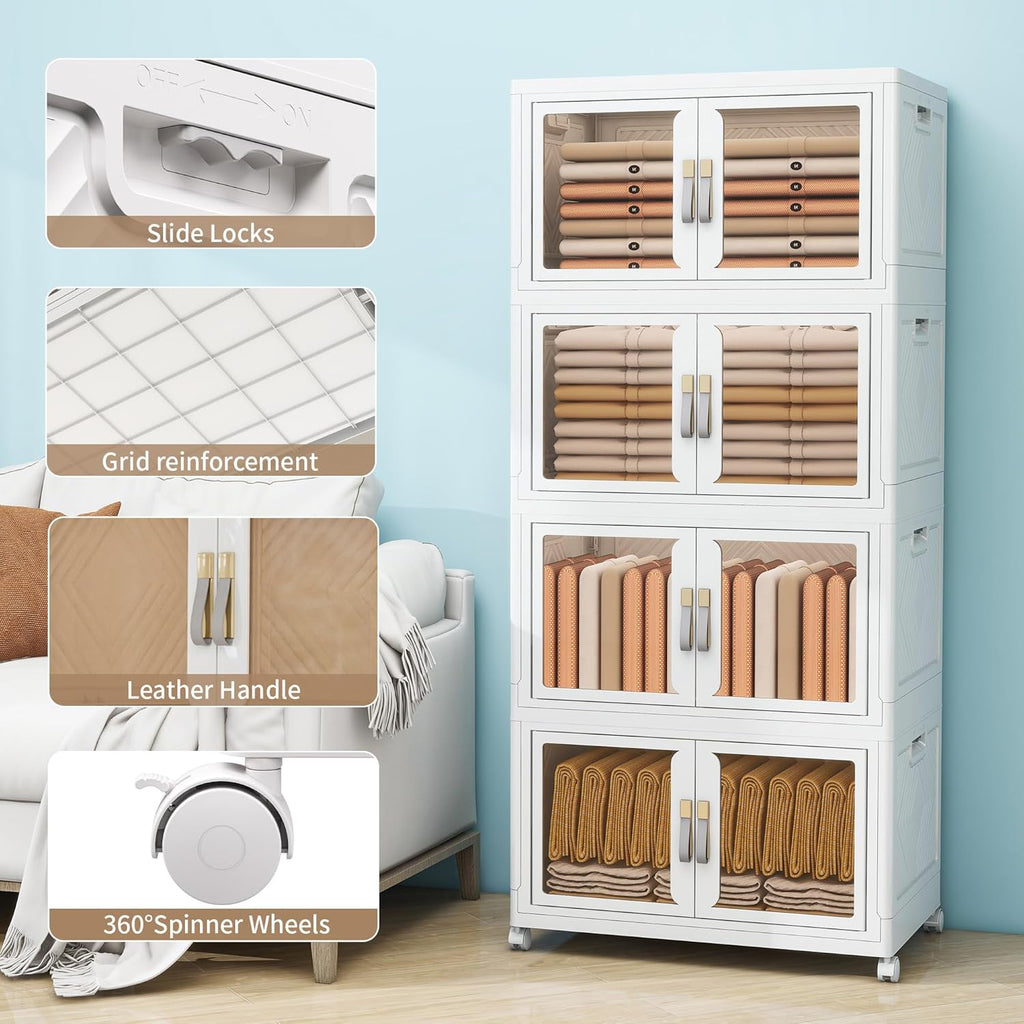 Large Clear Stackable Storage Bins with Lids, Foldable Storage Cabinet for Closet Organizers and Storage, Plastic Storage Box with Wheels 398 QT