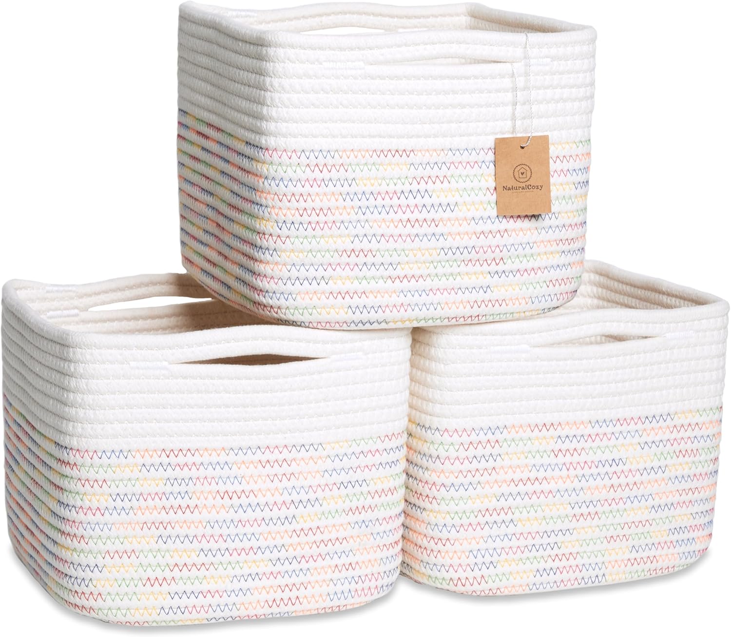 NaturalCozy Storage Cubes 9”x9”x7”Cotton Rope Woven Baskets for Organizing 3-Pack | 9 Inch Cube Storage Bin | Small Basket for Shelf Nursery, Pantry, Decorative Plant, Bathroom Closet, Toy Gift