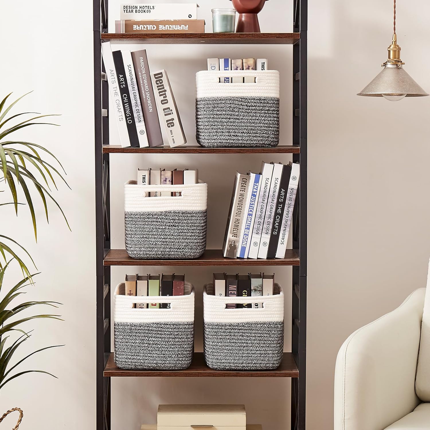 OIAHOMY 4 Pack Storage Baskets for Organizing, Basket for Shelves with Handle, Woven Baskets for Storage Toys, Towels, Books, Cotton Rope Basket 13" L x 9 " W x 7.8 " H, Black & White