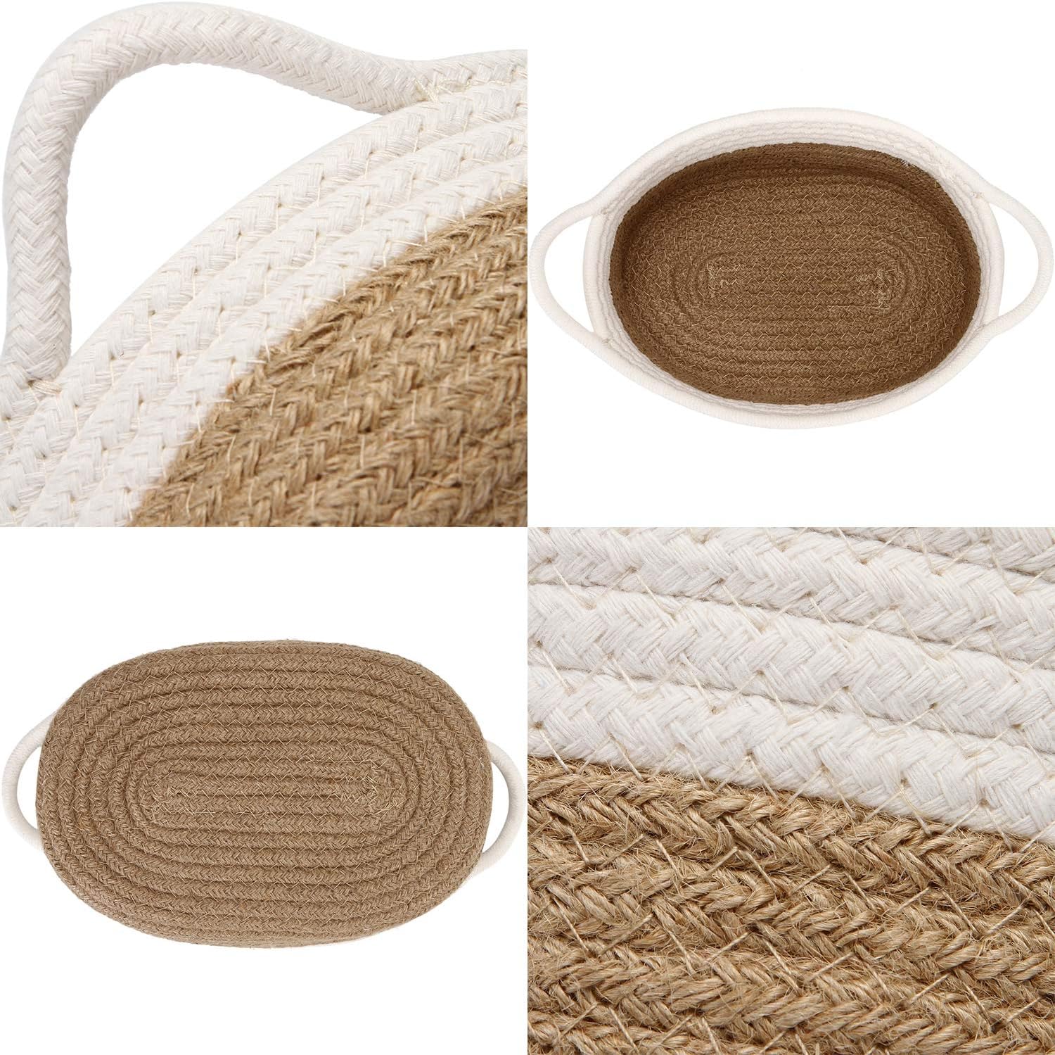 Sea Team 2-Pack Cotton Rope Baskets, 10 x 7 x 4 Inches Small Woven Storage Basket, Fabric Tray, Bowl, Oval Open Dish for Fruits, Jewelry, Keys, Sewing Kits (Flaxen & White)