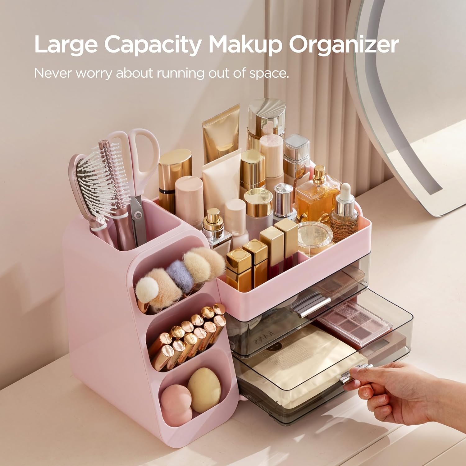 HBlife Makeup Organizer with Brush Holder for Vanity, Large Plastic Bathroom Countertop Organizer Skin Care Storage, Easy to Store Lipsticks, Nail Polishes, Perfumes, Eyeshadow Palettes, Pink
