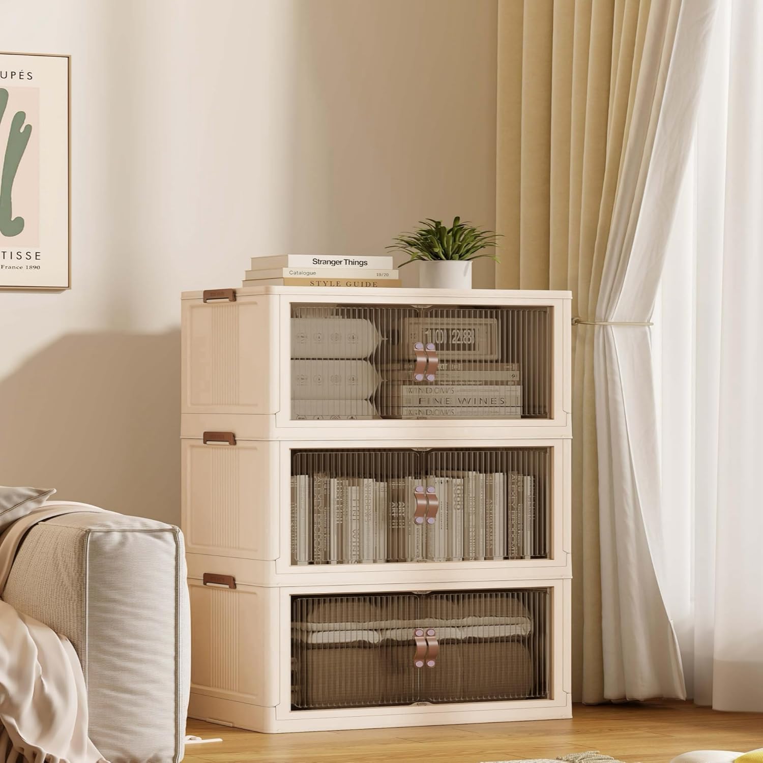 SAILUN 87Gal/348Qt Stackable Storage Bins Folding Collapsible Storage Bins with Lid, Closet Organizers and Storage Beige 26" W x 17" D x 43.7" H