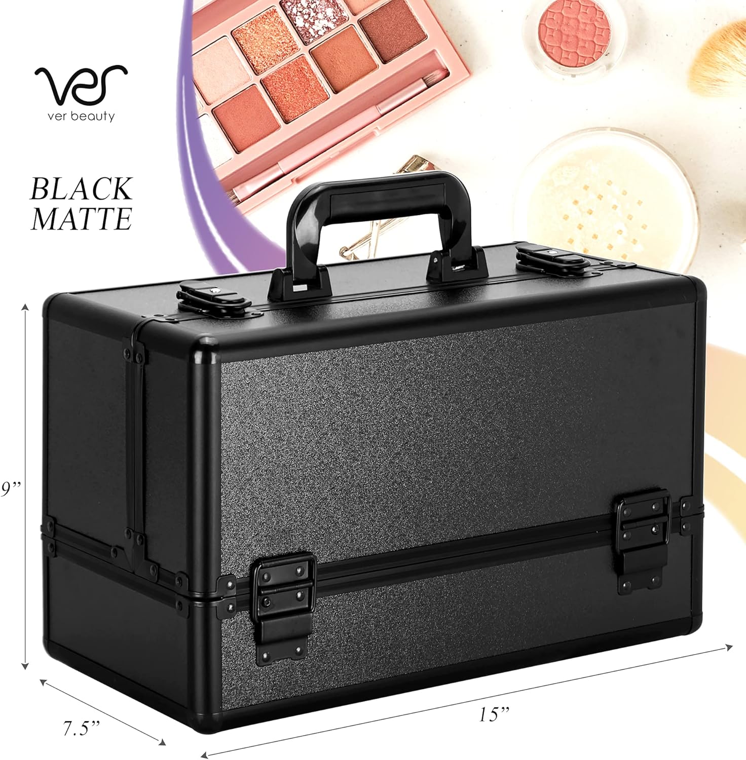 Ver Beauty Makeup Organizer, Cosmetic Travel Kit, Makeup Artist Supplies, 6-Tier Lockable Storage Box, Makeup Train Case, Aluminium Case, Lightweight & Portable Makeup Vanity (Black)