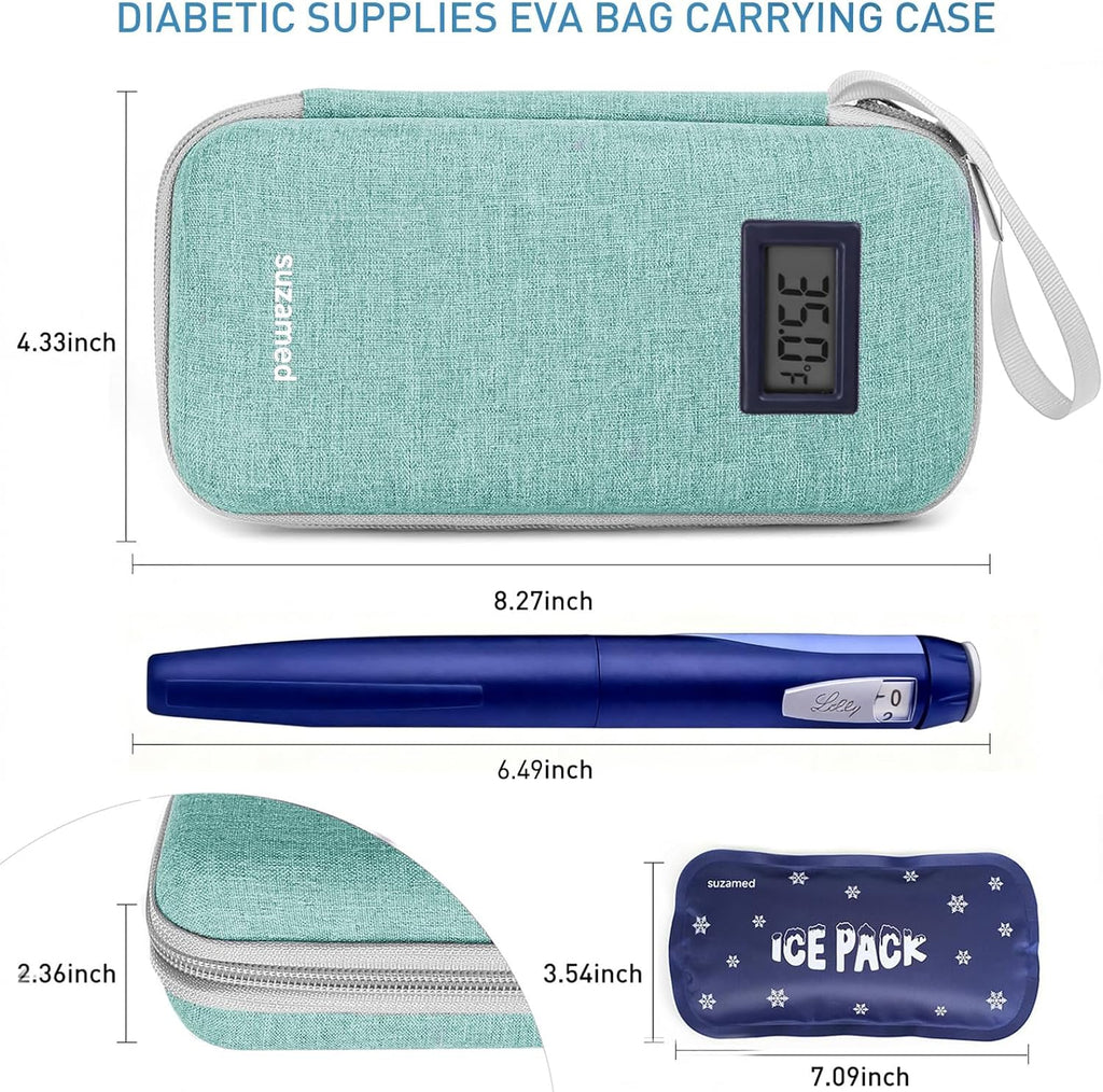 Insulin Cooler Travel Case,EVA Insulation Travel Medicine Kit with Temperature Display for Diabetes Care,Insulin Pen and Other Diabetic Supplies (Green-Temp)