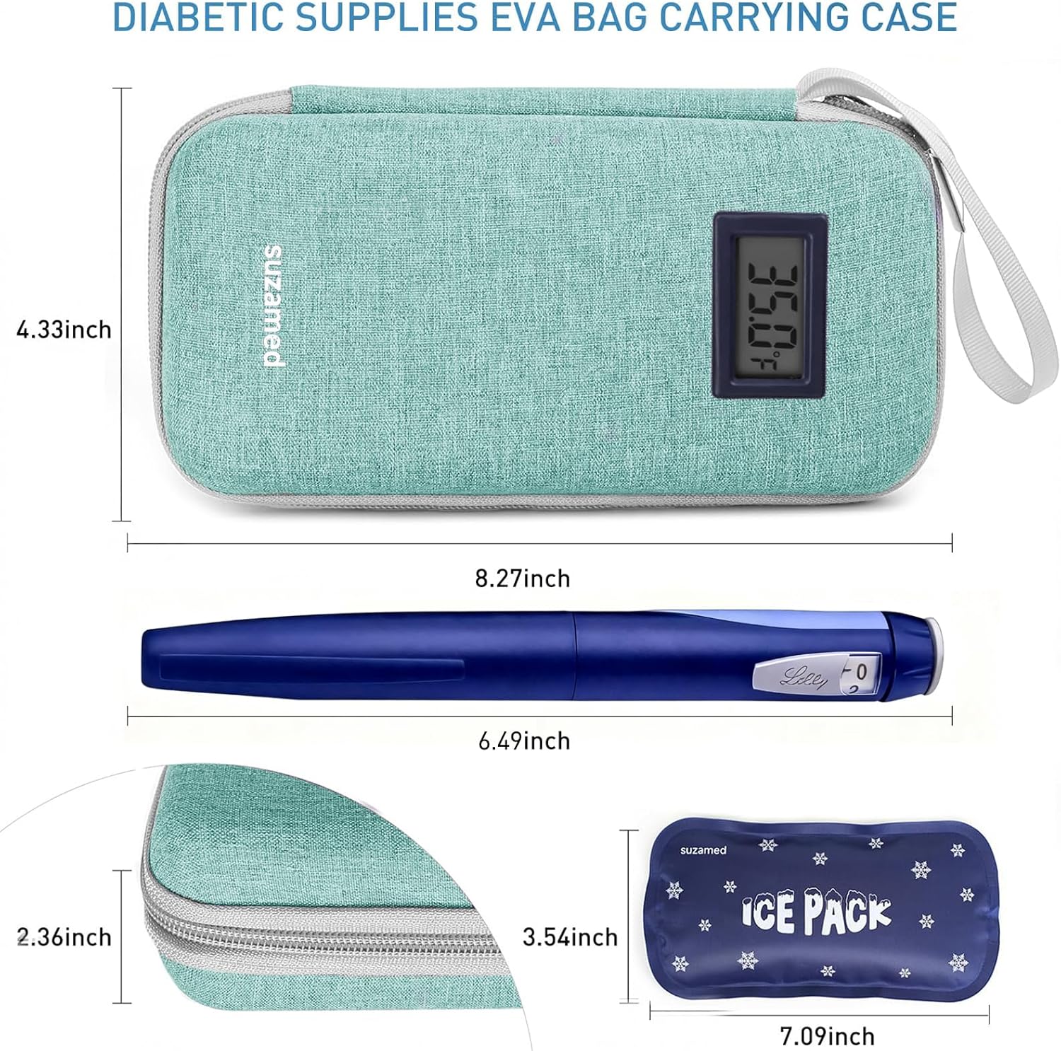Insulin Cooler Travel Case,EVA Insulation Travel Medicine Kit with Temperature Display for Diabetes Care,Insulin Pen and Other Diabetic Supplies (Green-Temp)