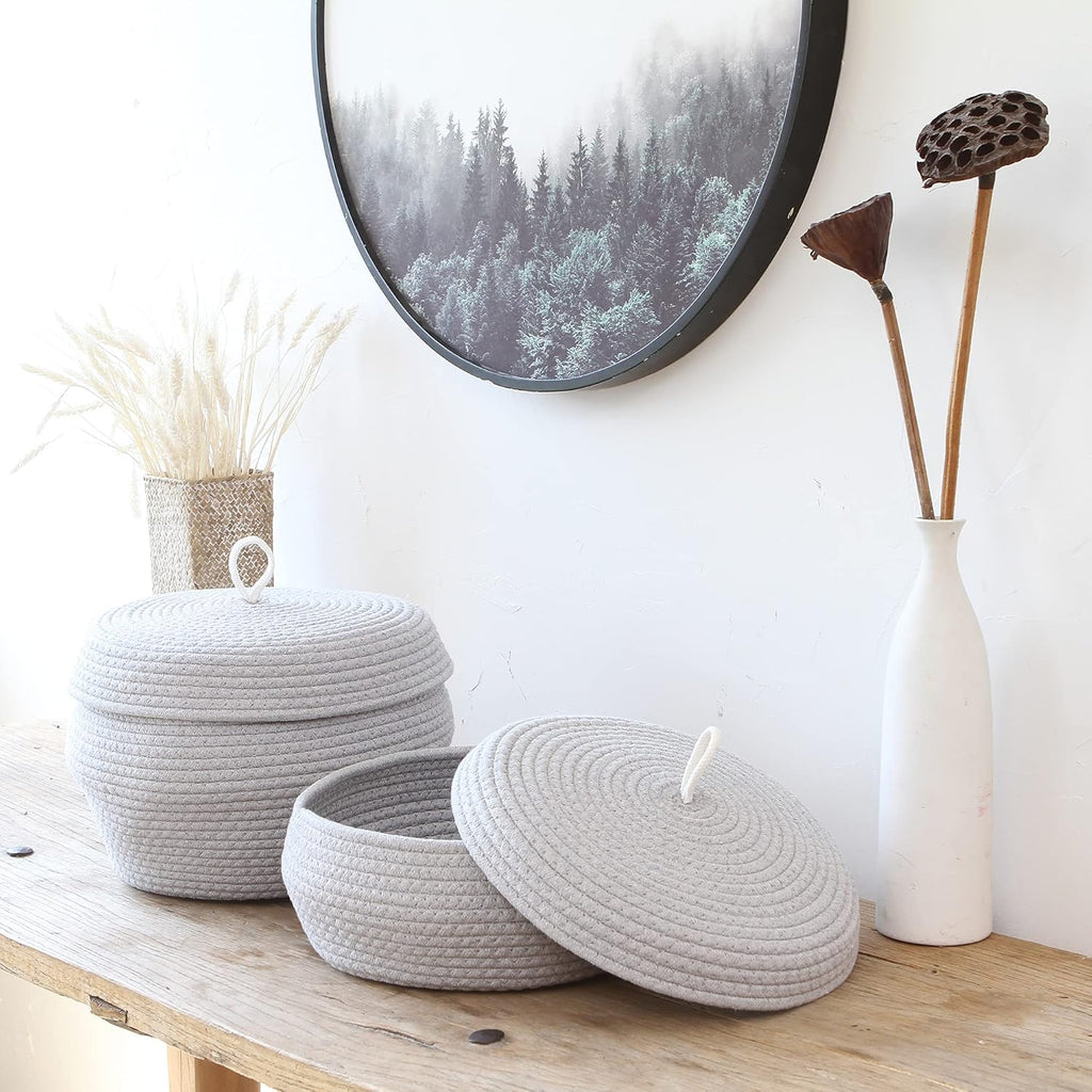 Sea Team Round Cotton Rope Storage Basket with Lid, Decorative Woven Storage Bin, Pot, Caddy, Organizer, Container for Snacks, Towels, Plants, 13 x 9 Inches (Large, Grey)