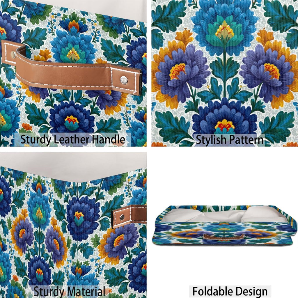 TropicalLife 13x13x13 Inch Large Fabric Storage Cube Blue Flowers Print Foldable Storage Bin with Handles Organizer Boxes Cube Basket for Shelves Organizing Closet