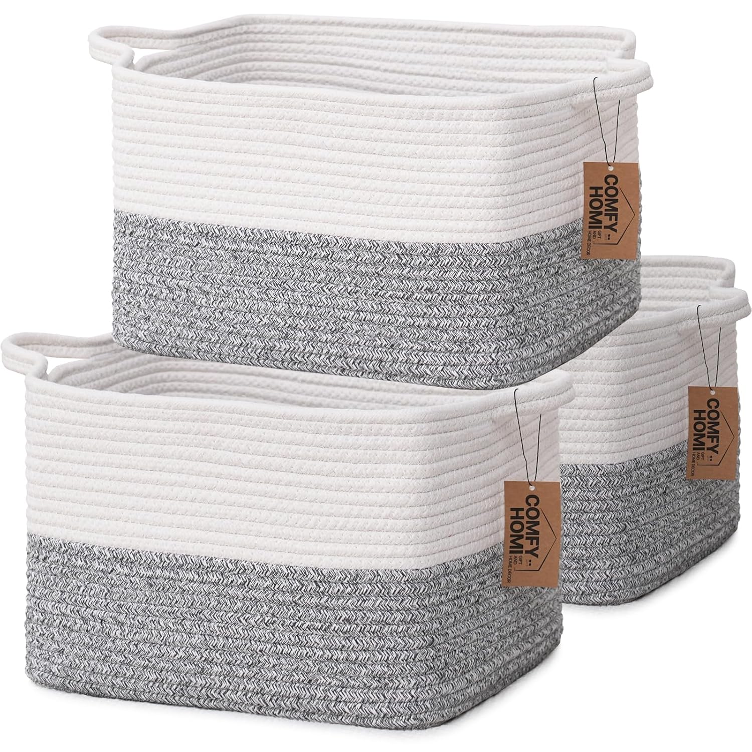 COMFY-HOMI 3-Pack Cotton Rope Woven Rectangular Basket with Handles for Organizing, 13.5" x 11" x 9.5", White/Grey