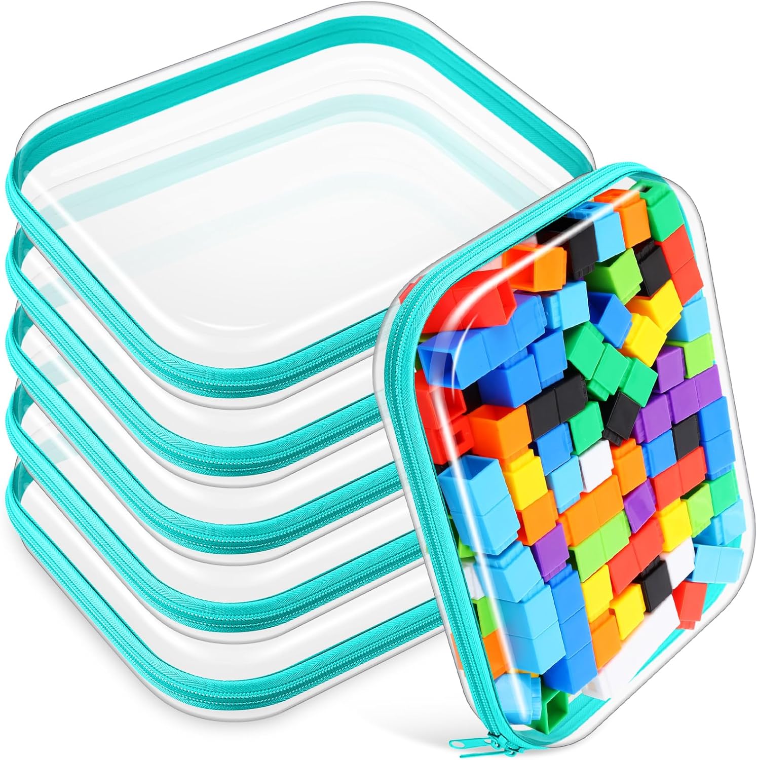 Sanwuta 6 Pcs Clear Hard Zipper Case Hard Plastic Zipper Pouches Transparent Makeup Bag Pencil Pouches for Travel Snacks Christmas Trinket Storage Organizer Box(Teal,9.84 x 7.87 x 2 Inch)