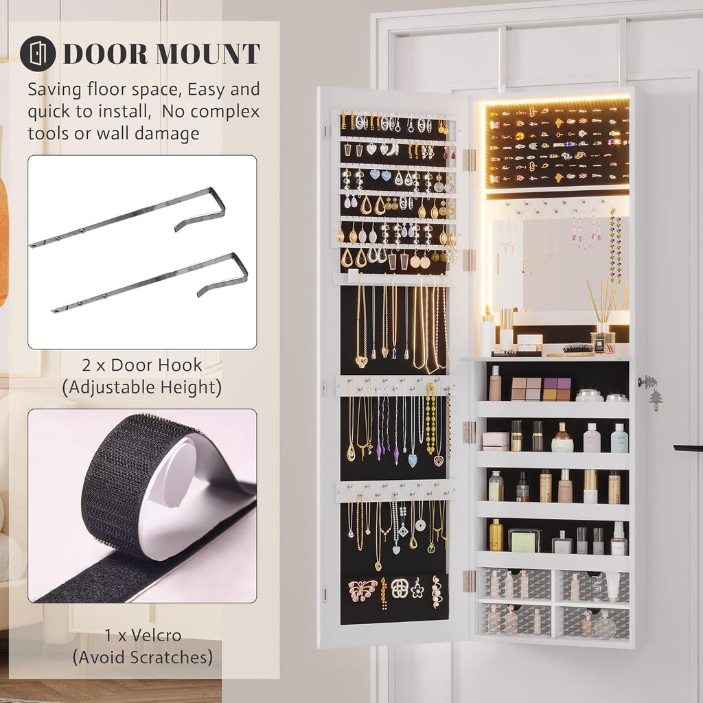 Vlsrka 47.2" LED Jewelry Mirror Cabinet, Wall/Door Mounted Jewelry Armoire Organizer with Full Length Mirror, Large Storage Hanging Cabinet, 4 Drawers, 5 Shelves, Built-in Lighted Mirror (White)