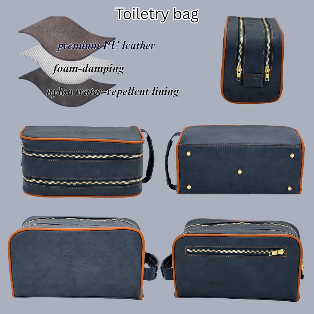 Dopp Gift Large Travel Toiletry Bag Premium Quality PU Leather Two compartments YKK Zippers Water-resistant Bottom Studs Mesh Pockets Durable Cosmetic Organizer NAVY BLUE/ORANGE