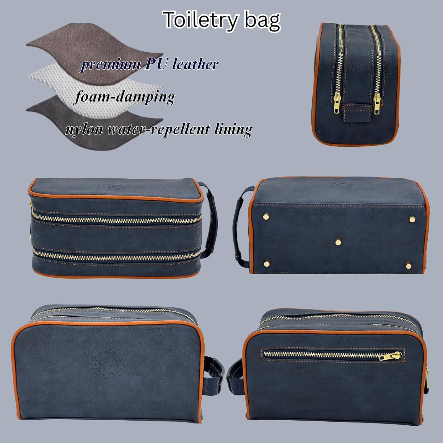 Dopp Gift Large Travel Toiletry Bag Premium Quality PU Leather Two compartments YKK Zippers Water-resistant Bottom Studs Mesh Pockets Durable Cosmetic Organizer NAVY BLUE/ORANGE