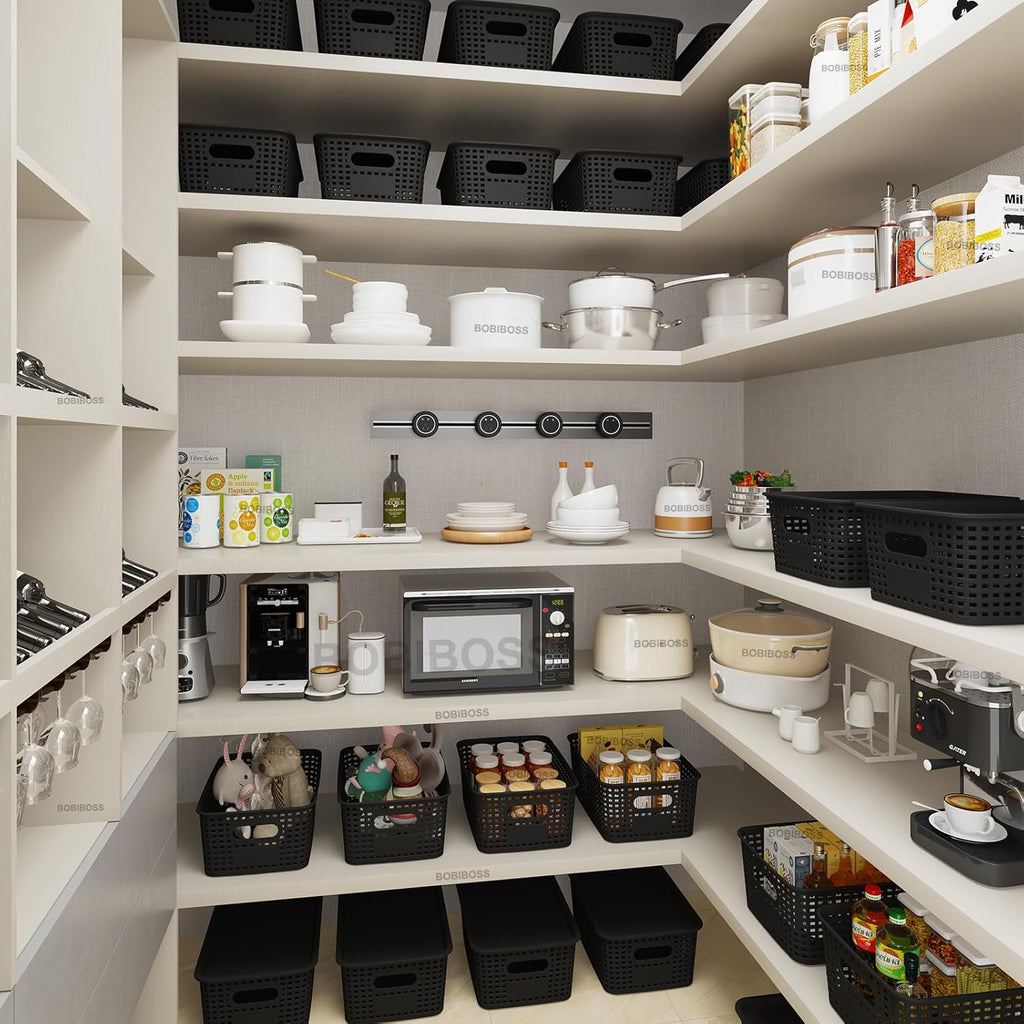 Black Plastic Storage Baskets with Lids 12 Pack Stackable Storage Bins Containers for Shelves Organizing, Cute Decorative Storage Boxes for Classroom, Playroom, Closet, Pantry