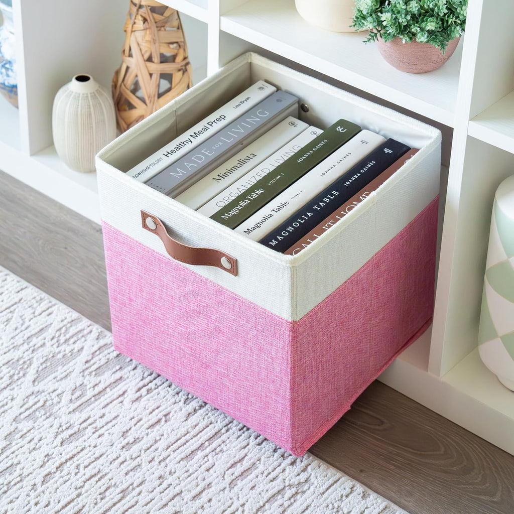 OrganiHaus 11" x 11" x 11" Fabric Cubes Storage Bins Set of 4, Foldable Collapsible Canvas Storage Bins for Organizer, Toy Organizer for Kallax, 11 Inch Linen Cube Shelf Baskets - Pink/White