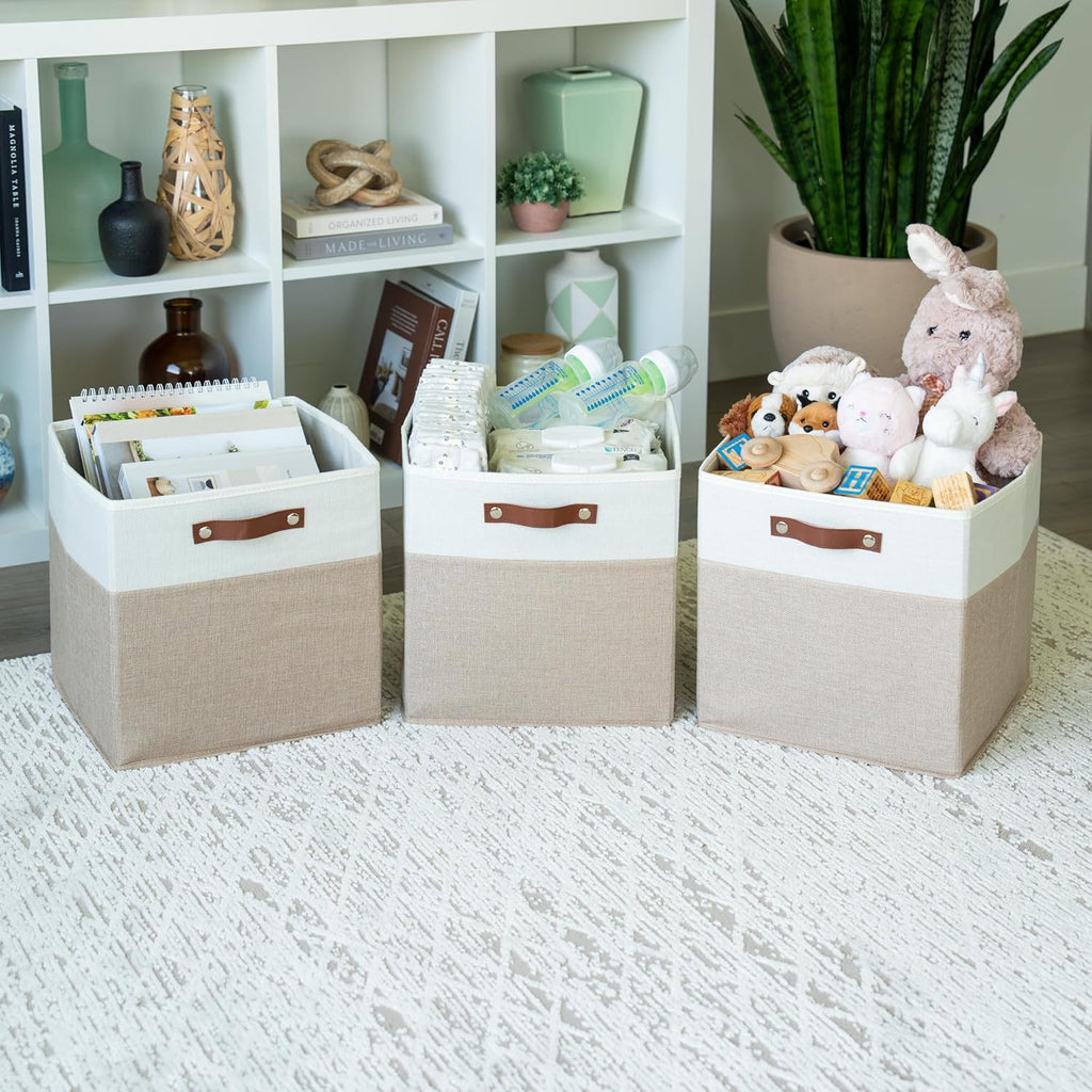 OrganiHaus 13" x 13" x 13" Cube Fabric Storage Bins Set of 4, Fabric Storage Cubes w/ Vegan Handles, 13 inch Collapsible Bins for Clothes & Toy Organizer, 13x13 Basket for Decor - Beige/White